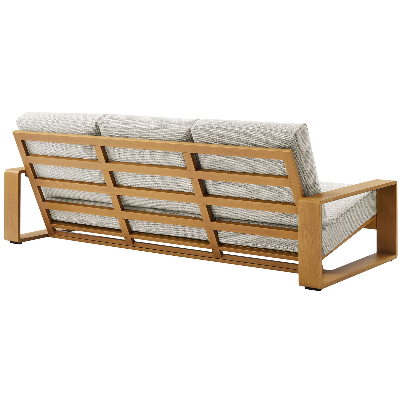 Ivory outdoor sofa featuring slatted natural backrest and sturdy base that enhances its modern warmth || EEI-7298-IVO-NAT || back_angle_studio