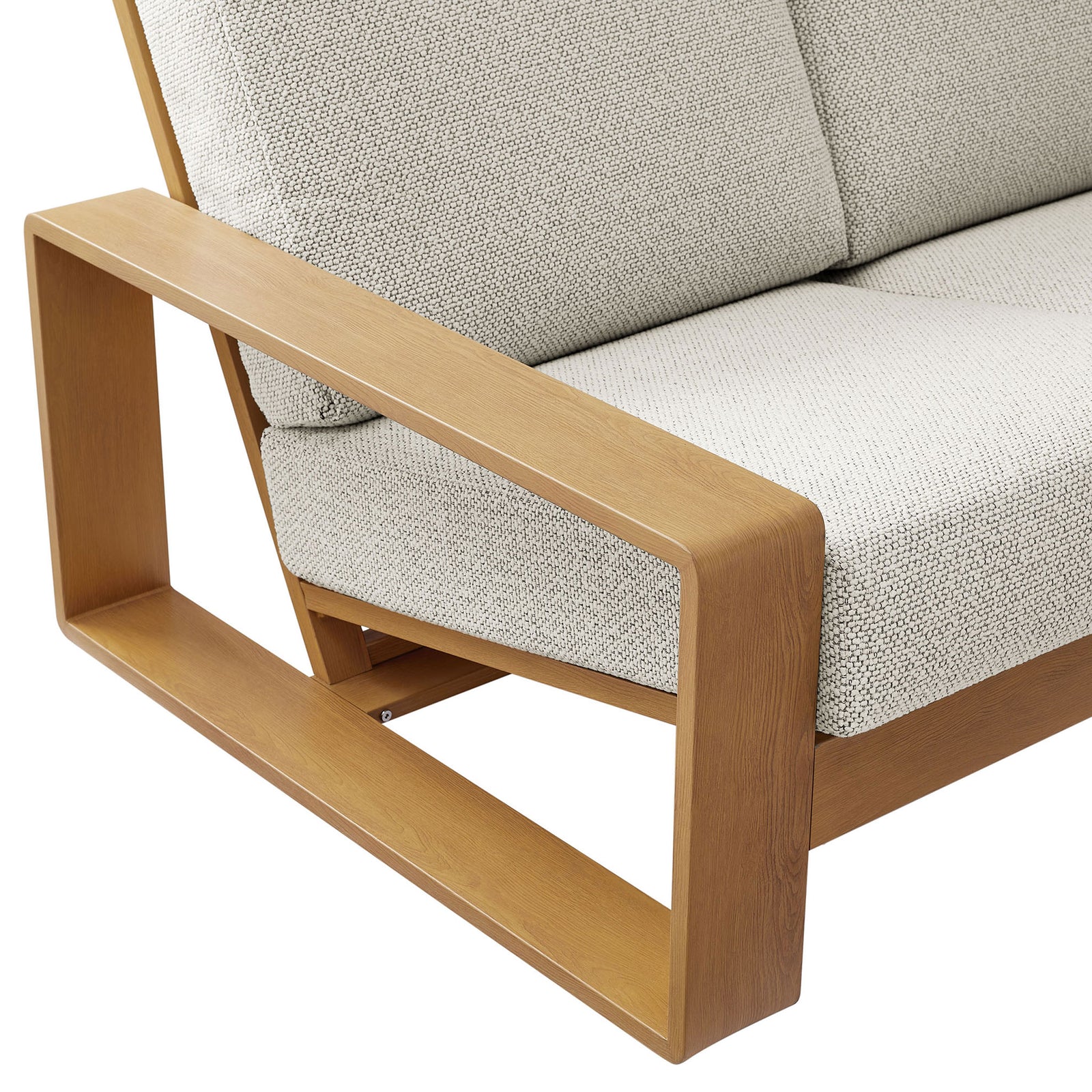 Natural wood-look arm and textured ivory upholstery showing the sofa's refined, woven surface || EEI-7298-IVO-NAT || detail_studio
