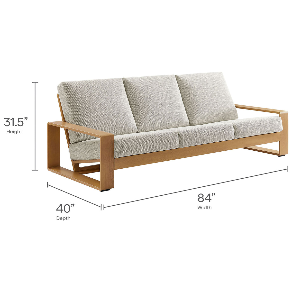Dimension diagram of ivory outdoor sofa with faux wood frame and overall 31.5 x 40 x 84 inch measurements || EEI-7298-IVO-NAT || dimension_studio
