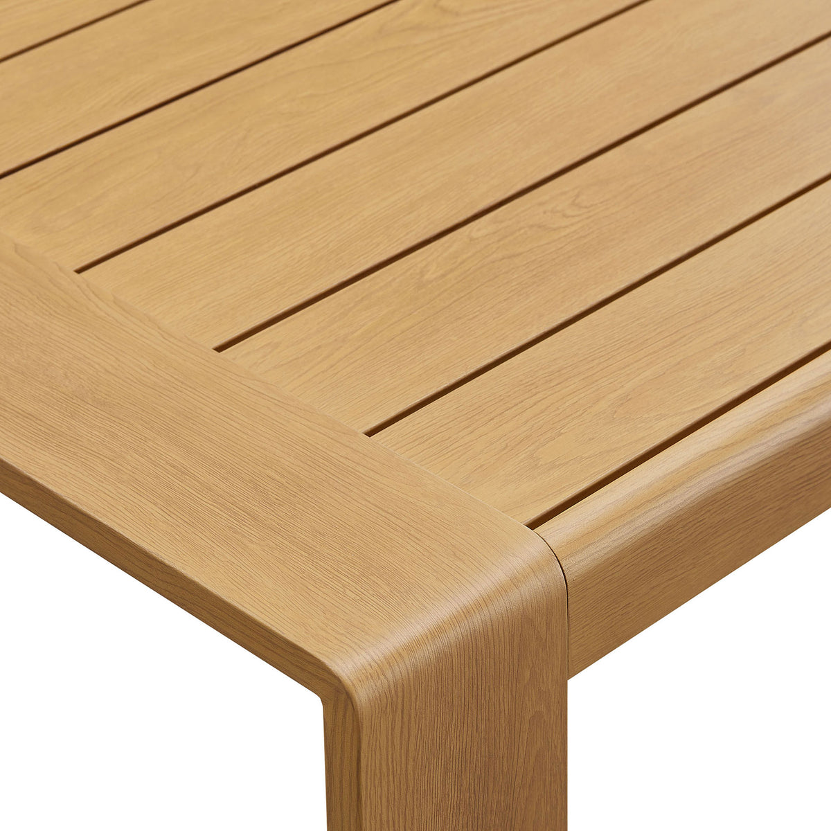 Natural faux wood grain and slatted top detail on the aluminum coffee table || EEI-7299-NAT || detail_studio