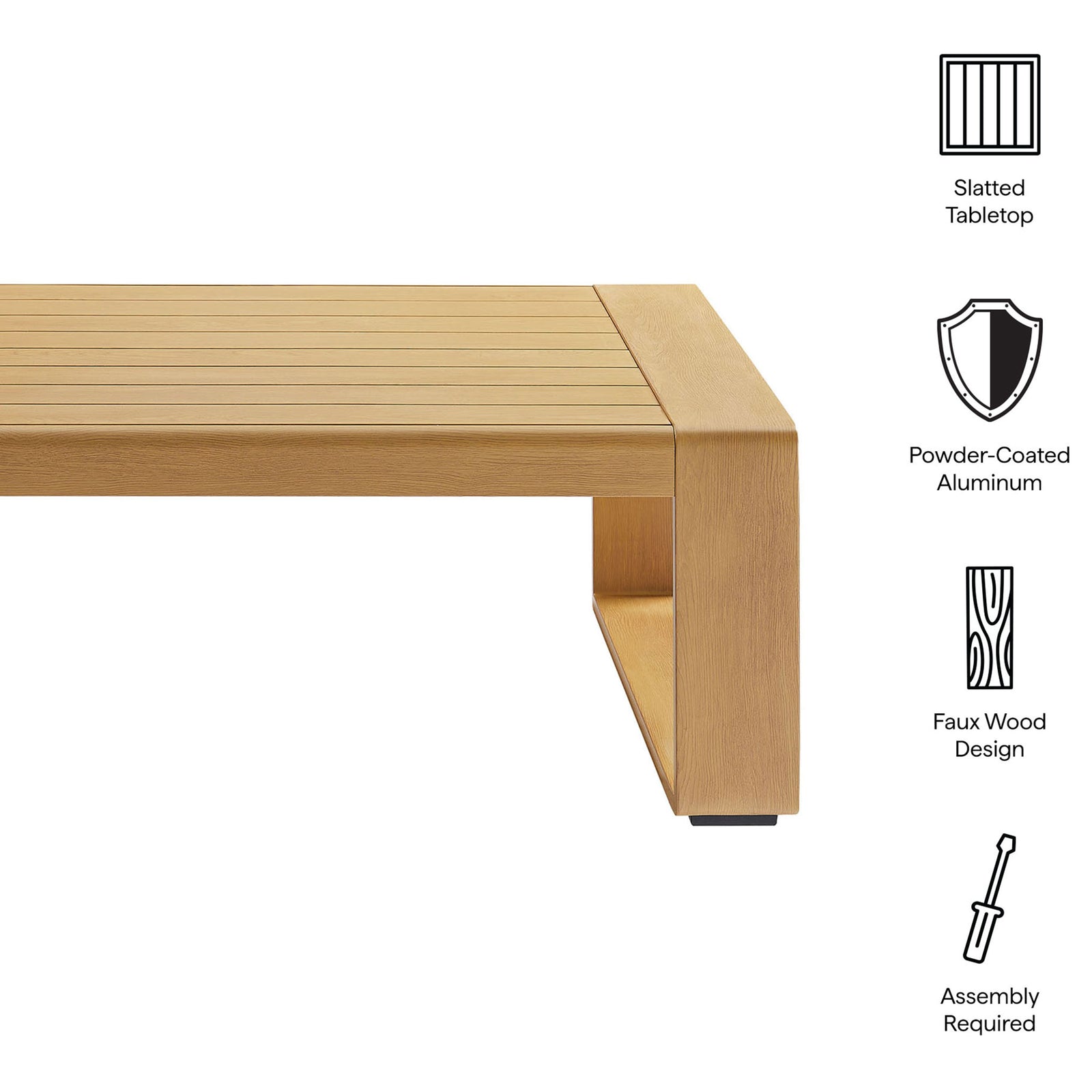 Feature highlights of natural faux wood outdoor coffee table with slatted top and powder-coated frame || EEI-7299-NAT || callout_studio