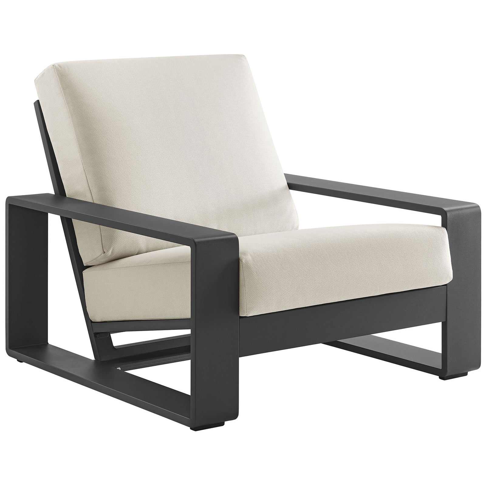 Modern outdoor armchair with open rectangular arms and plush cream cushions for sculptural comfort || EEI-7300-CRE-GRY || front_angle_studio