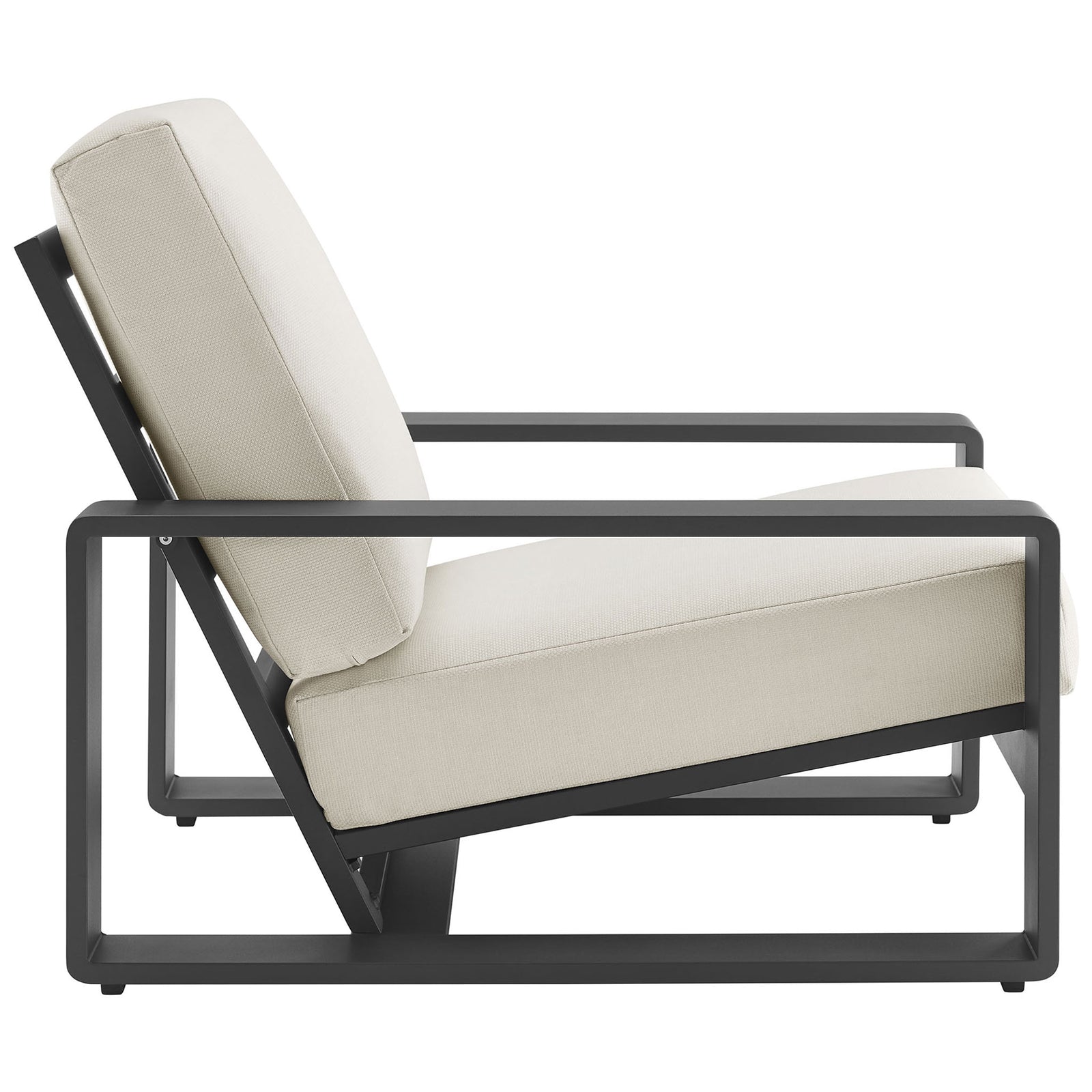 Low-profile outdoor lounge chair with angled seat and thick cream cushions on a charcoal aluminum base || EEI-7300-CRE-GRY || side_studio
