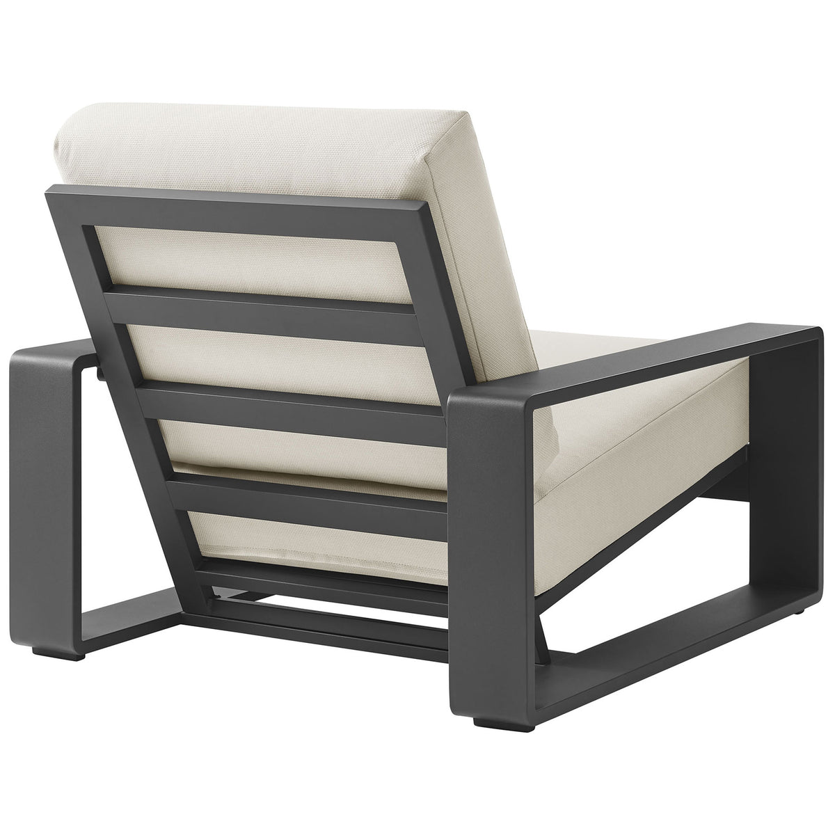 Outdoor armchair with slatted charcoal aluminum back and supportive cream cushions || EEI-7300-CRE-GRY || back_angle_studio