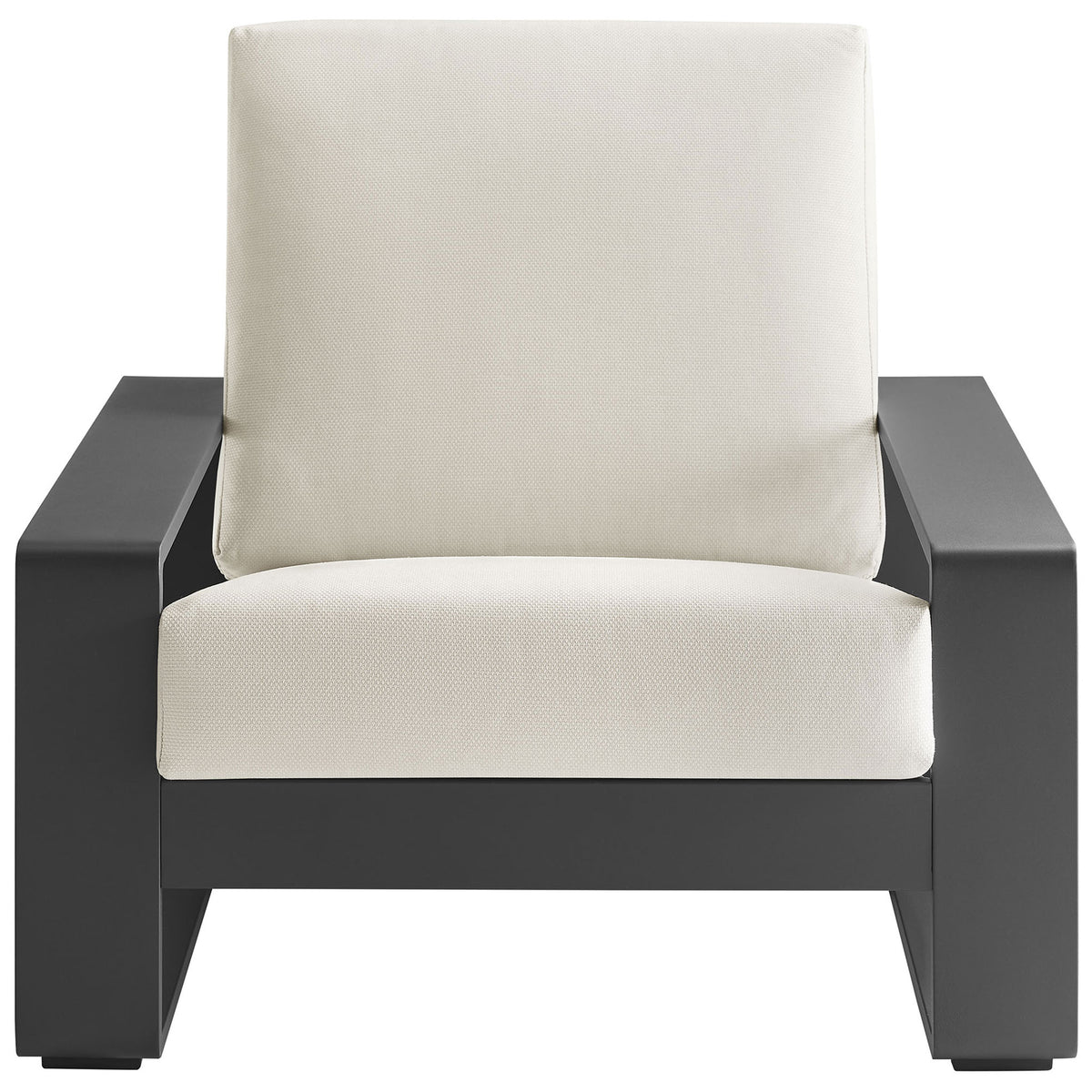 Cream cushioned outdoor armchair with sleek charcoal aluminum frame and deep lounge seat || EEI-7300-CRE-GRY || front_studio