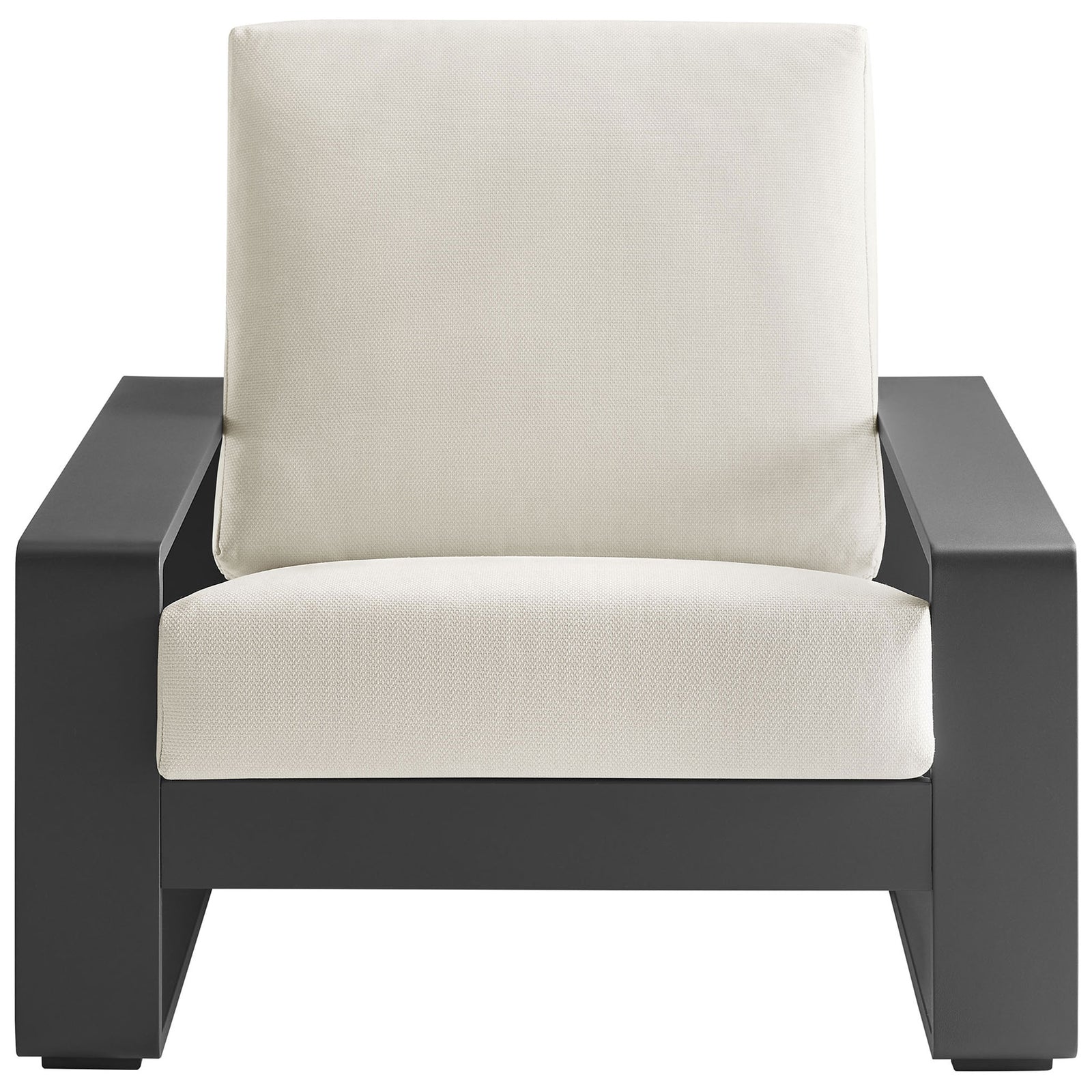 Cream cushioned outdoor armchair with sleek charcoal aluminum frame and deep lounge seat || EEI-7300-CRE-GRY || front_studio