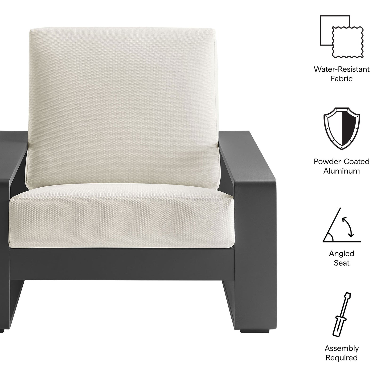 Outdoor armchair featuring water-resistant cream cushions and a durable powder-coated aluminum frame || EEI-7300-CRE-GRY || callout_studio