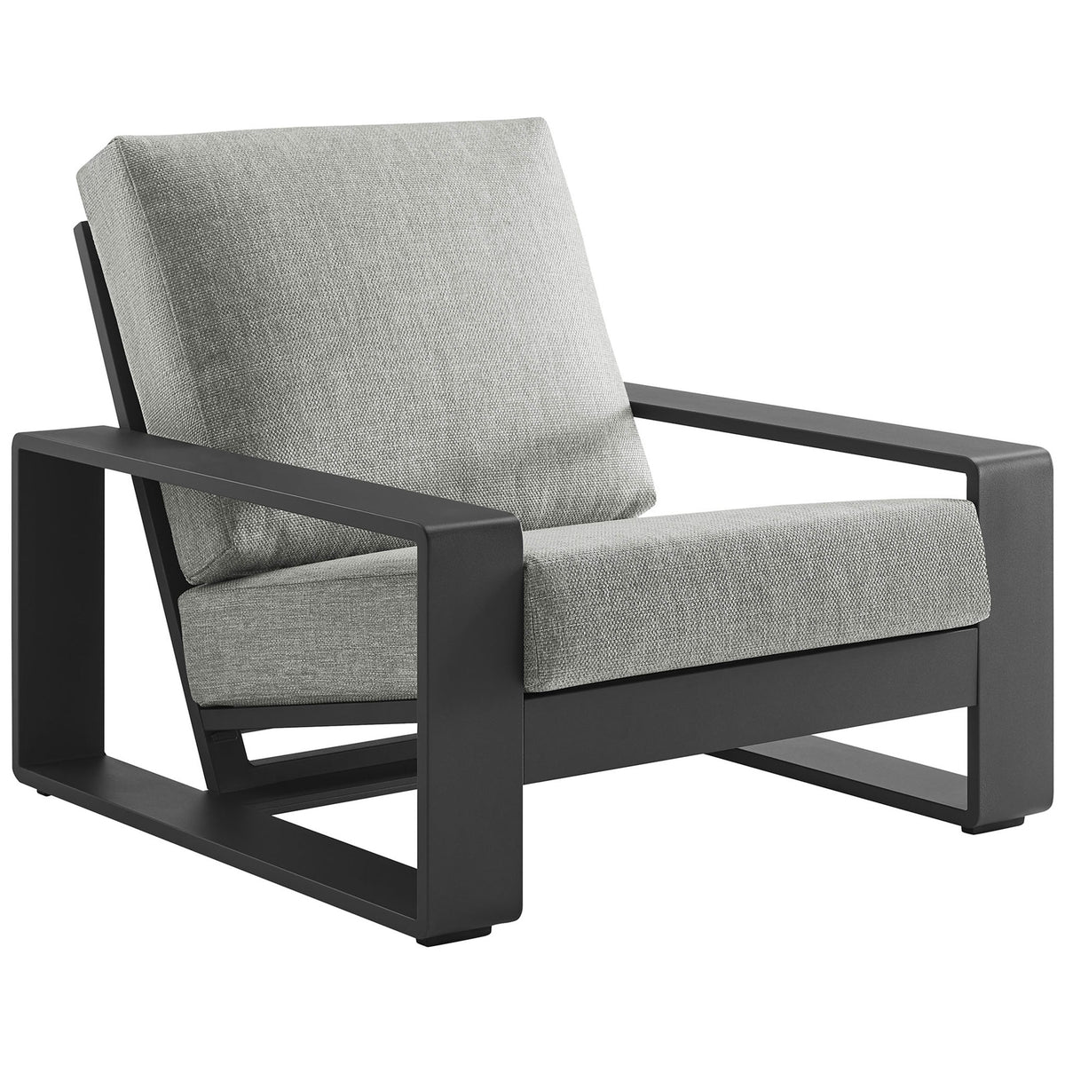 Modern outdoor armchair with open rectangular arms and light gray cushions for sculptural comfort || EEI-7300-LGR-GRY || front_angle_studio