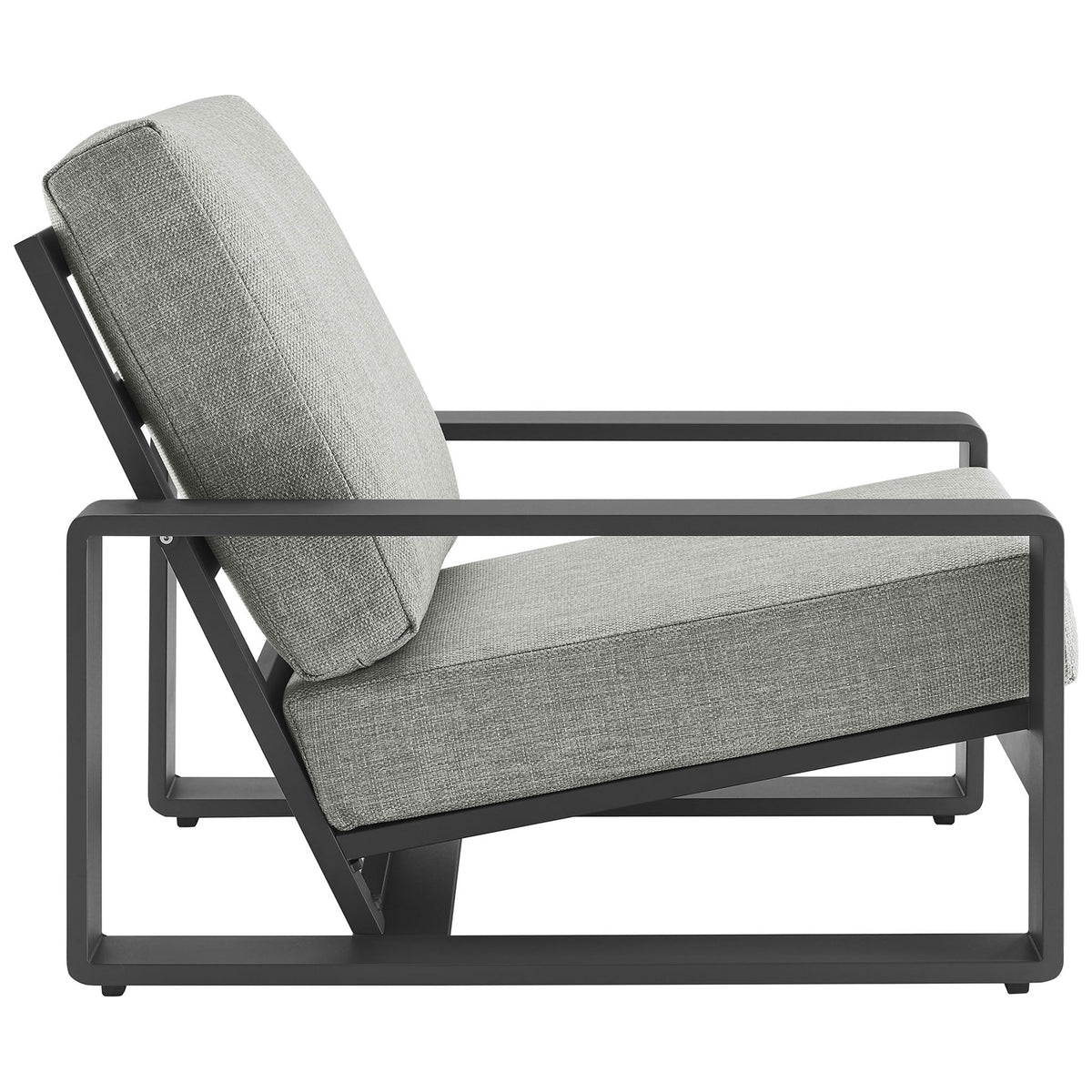 Low-profile outdoor lounge chair with angled seat and plush light gray cushions on a charcoal aluminum base || EEI-7300-LGR-GRY || side_studio