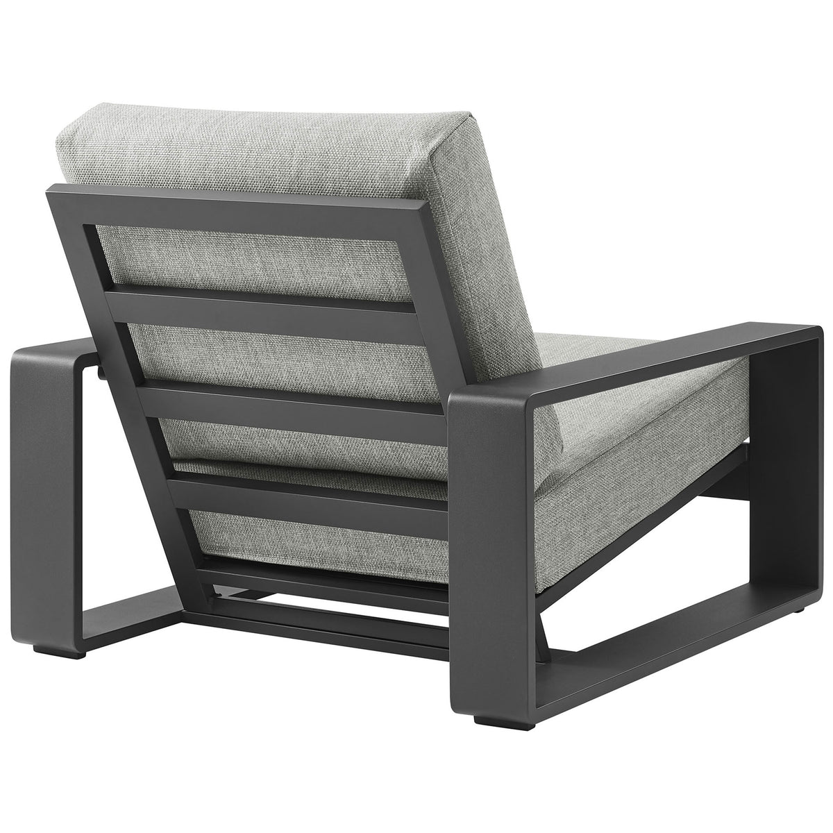 Outdoor armchair with slatted charcoal aluminum back and generous light gray cushions || EEI-7300-LGR-GRY || back_angle_studio