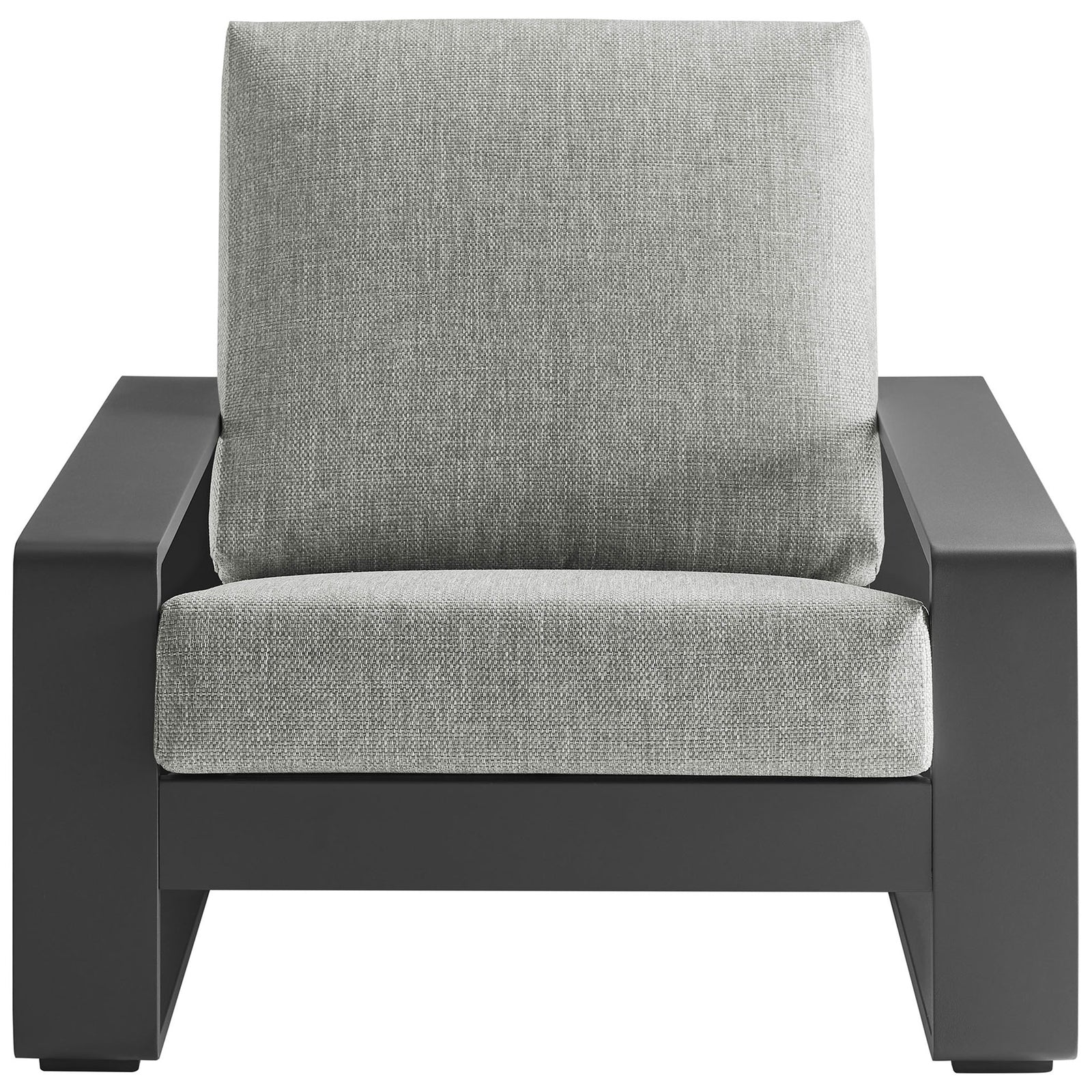 Light gray cushioned outdoor armchair with sleek charcoal aluminum frame and deep lounge seat || EEI-7300-LGR-GRY || front_studio