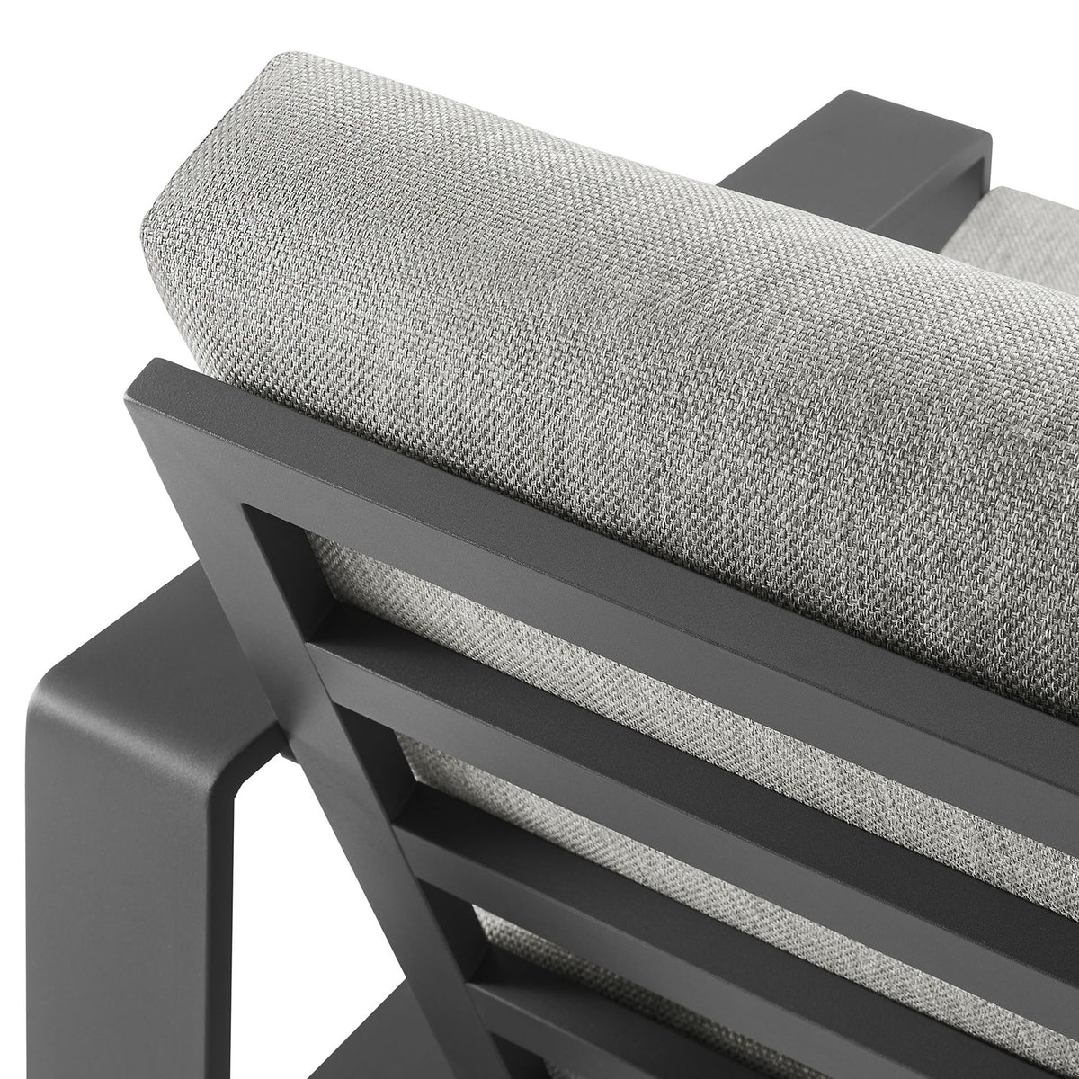 Textured light gray back cushion and smooth charcoal frame highlight refined outdoor style || EEI-7300-LGR-GRY || detail_studio