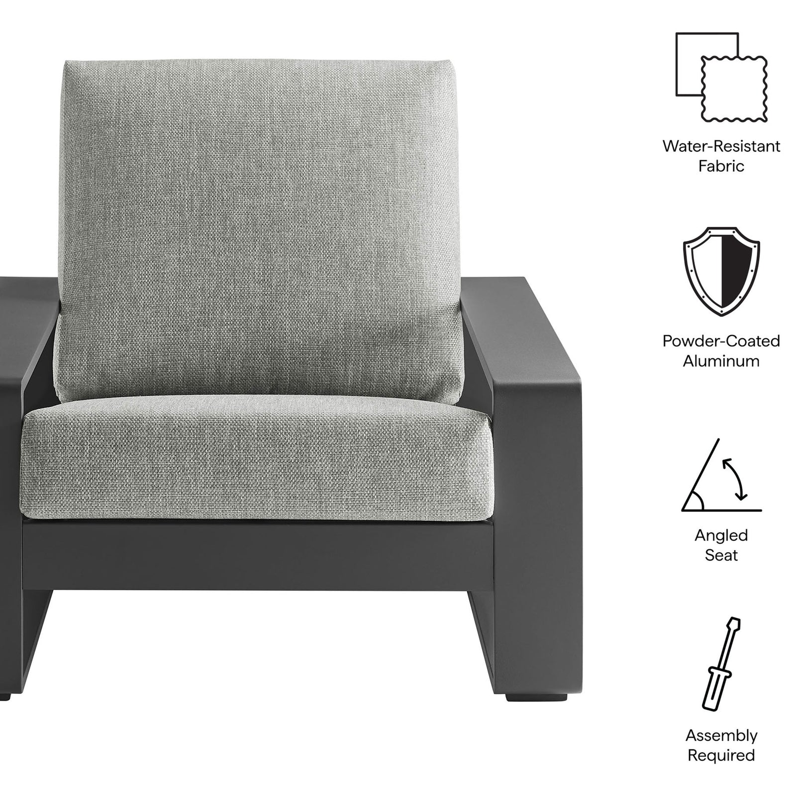 Outdoor armchair featuring water-resistant light gray cushions and a durable powder-coated aluminum frame || EEI-7300-LGR-GRY || callout_studio