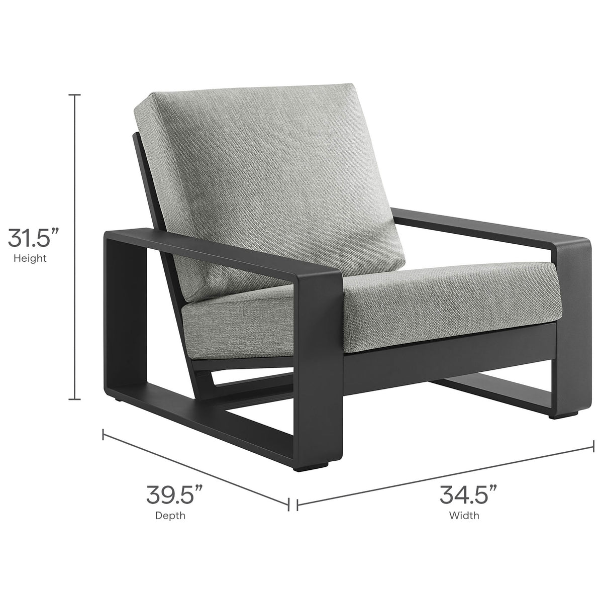 Spacious outdoor club chair sized for laid-back lounging with deep light gray cushions and low profile || EEI-7300-LGR-GRY || dimension_studio