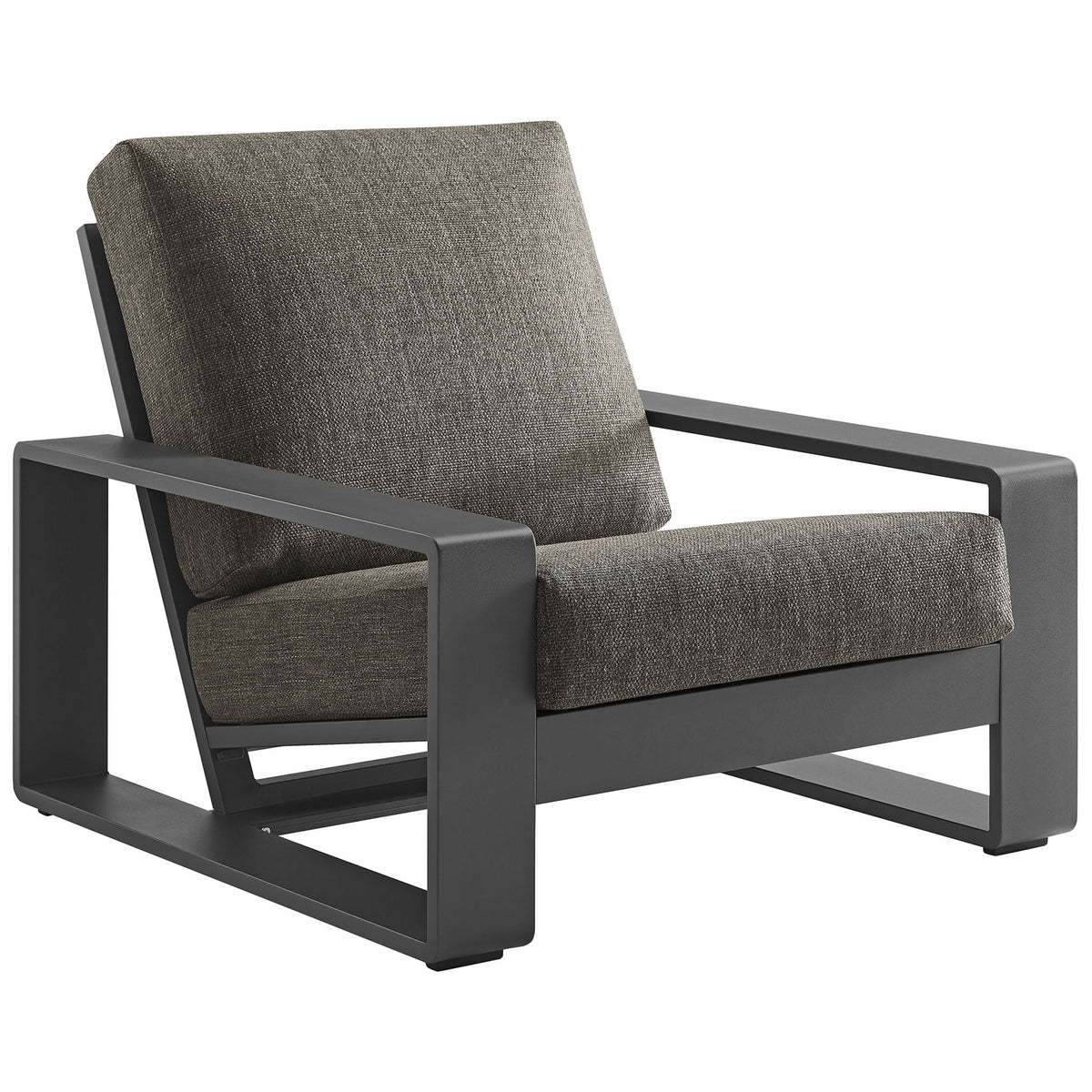 Modern outdoor armchair with open rectangular arms and smoke gray cushions for sculptural comfort || EEI-7300-SMO-GRY || front_angle_studio