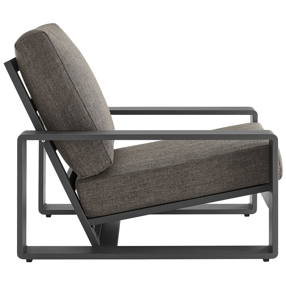 Low-profile outdoor lounge chair with angled seat and plush smoke gray cushions on a charcoal aluminum base || EEI-7300-SMO-GRY || side_studio