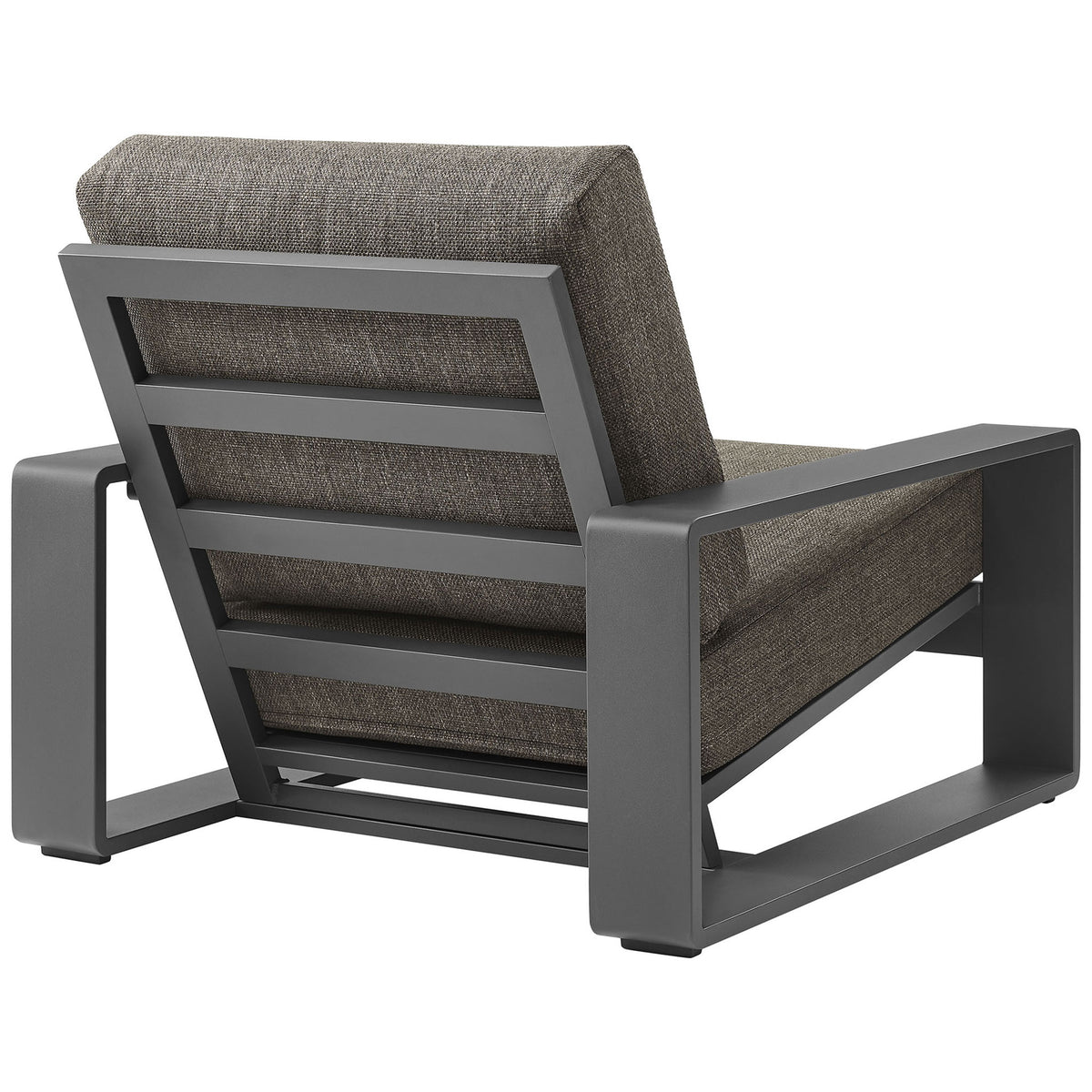 Outdoor armchair with slatted charcoal aluminum back and generous smoke gray cushions || EEI-7300-SMO-GRY || back_angle_studio