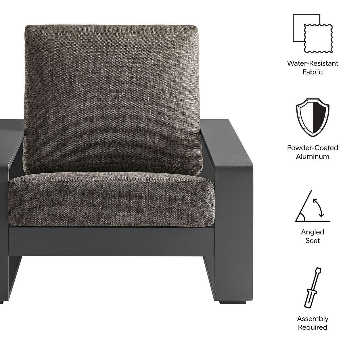 Outdoor armchair featuring water-resistant smoke gray cushions and a durable powder-coated aluminum frame || EEI-7300-SMO-GRY || callout_studio
