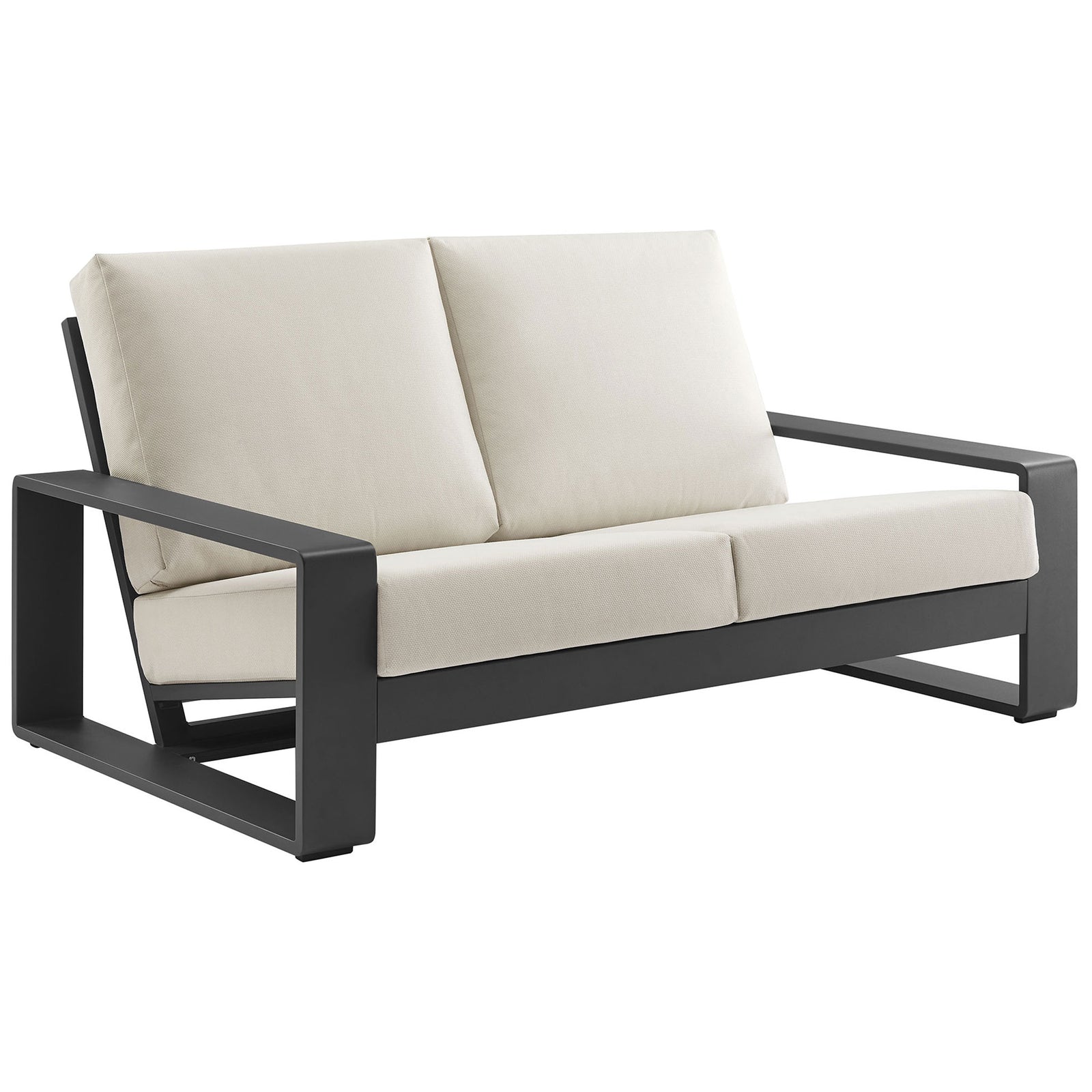Modern cream loveseat with bold charcoal aluminum frame and deep, angled seat for outdoor comfort || EEI-7301-CRE-GRY || front_angle_studio