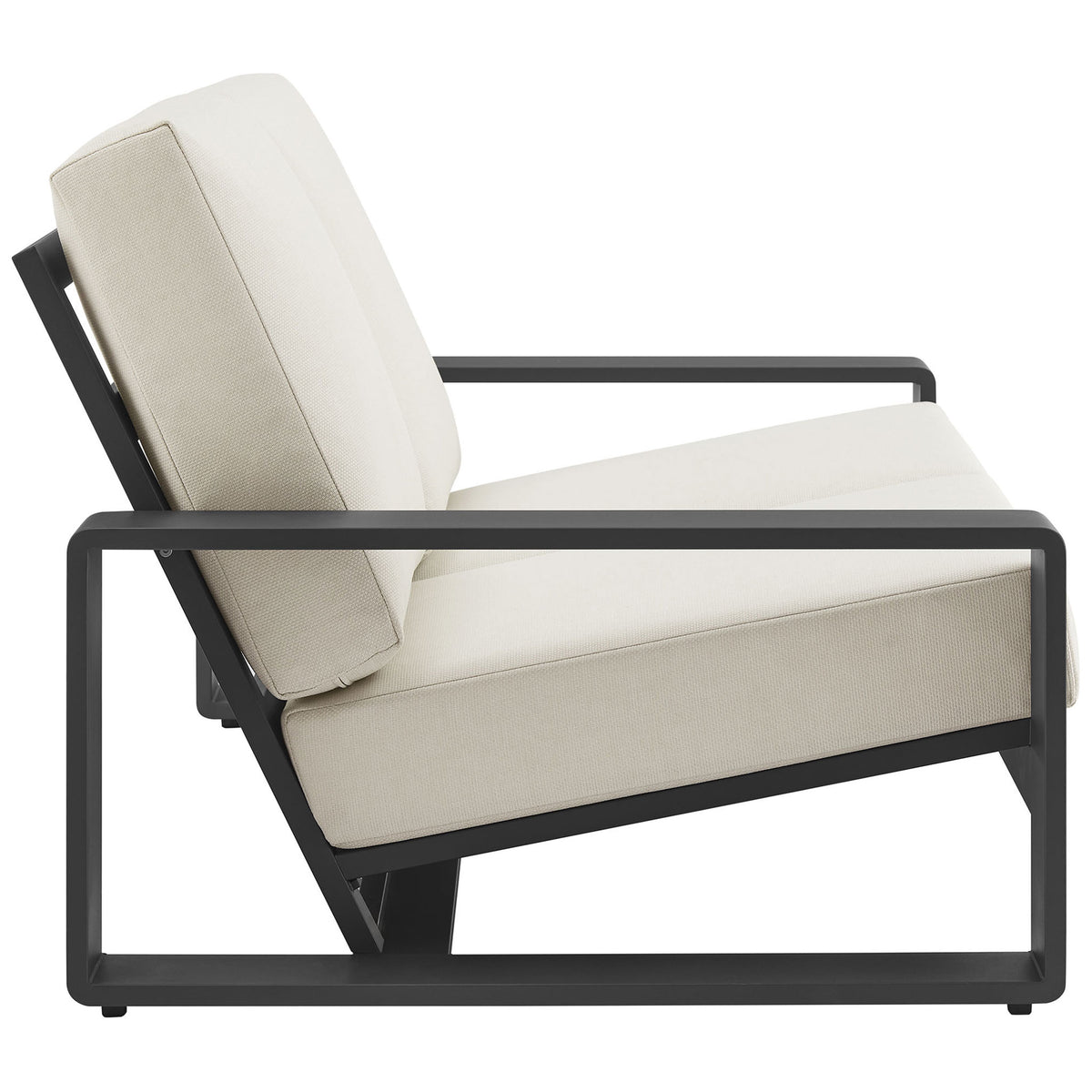 Slim open arms and a reclining seat showcase the sculptural aluminum frame and plush cream cushions || EEI-7301-CRE-GRY || side_studio