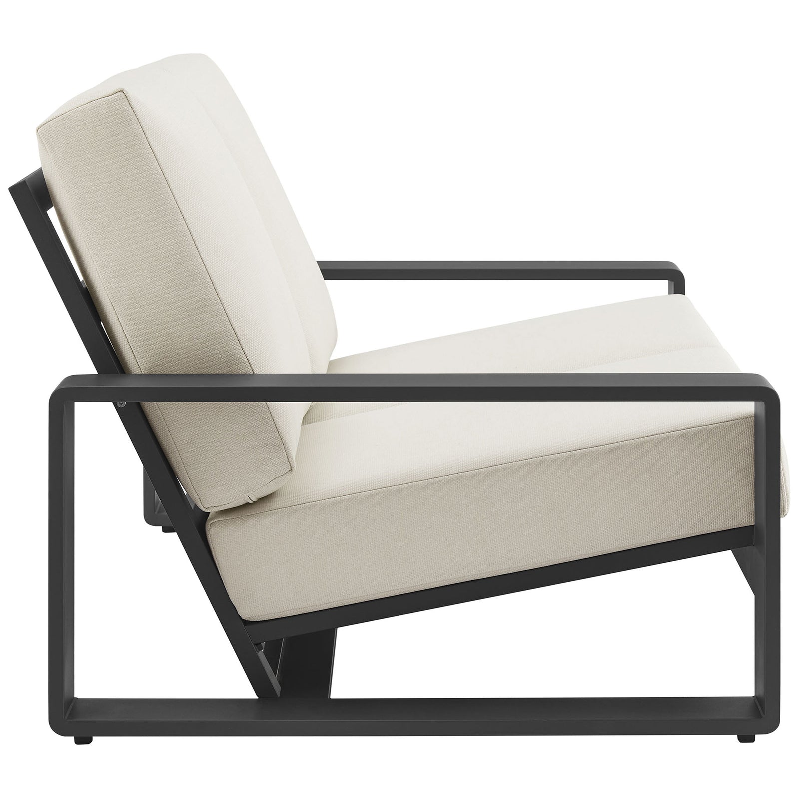 Slim open arms and a reclining seat showcase the sculptural aluminum frame and plush cream cushions || EEI-7301-CRE-GRY || side_studio