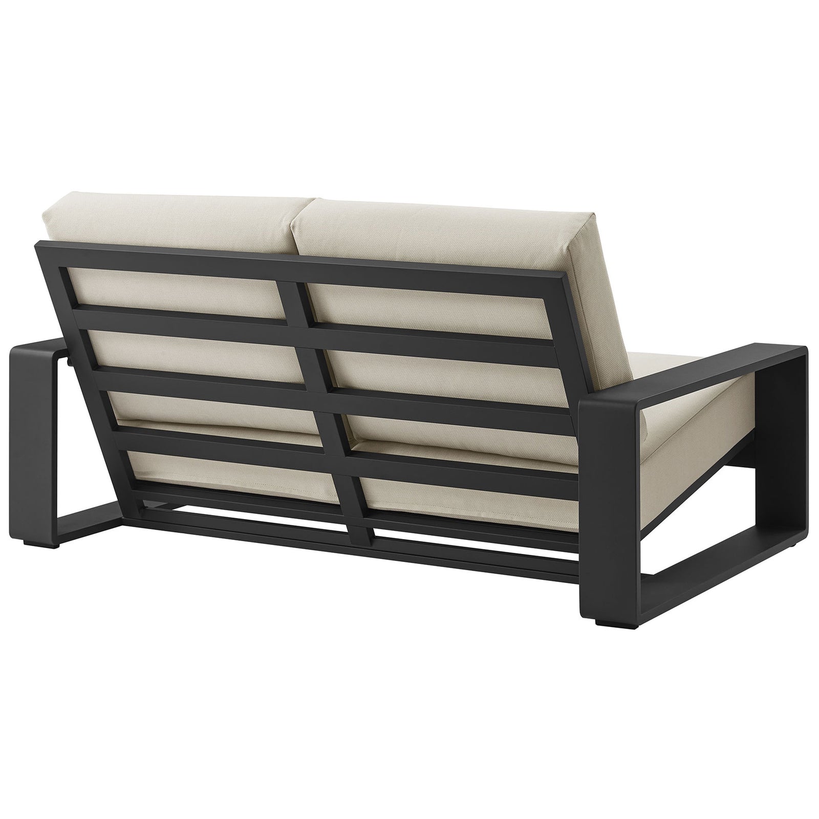 Angled slatted back and wrapped arms frame the cream cushions for a graphic modern patio look || EEI-7301-CRE-GRY || back_angle_studio
