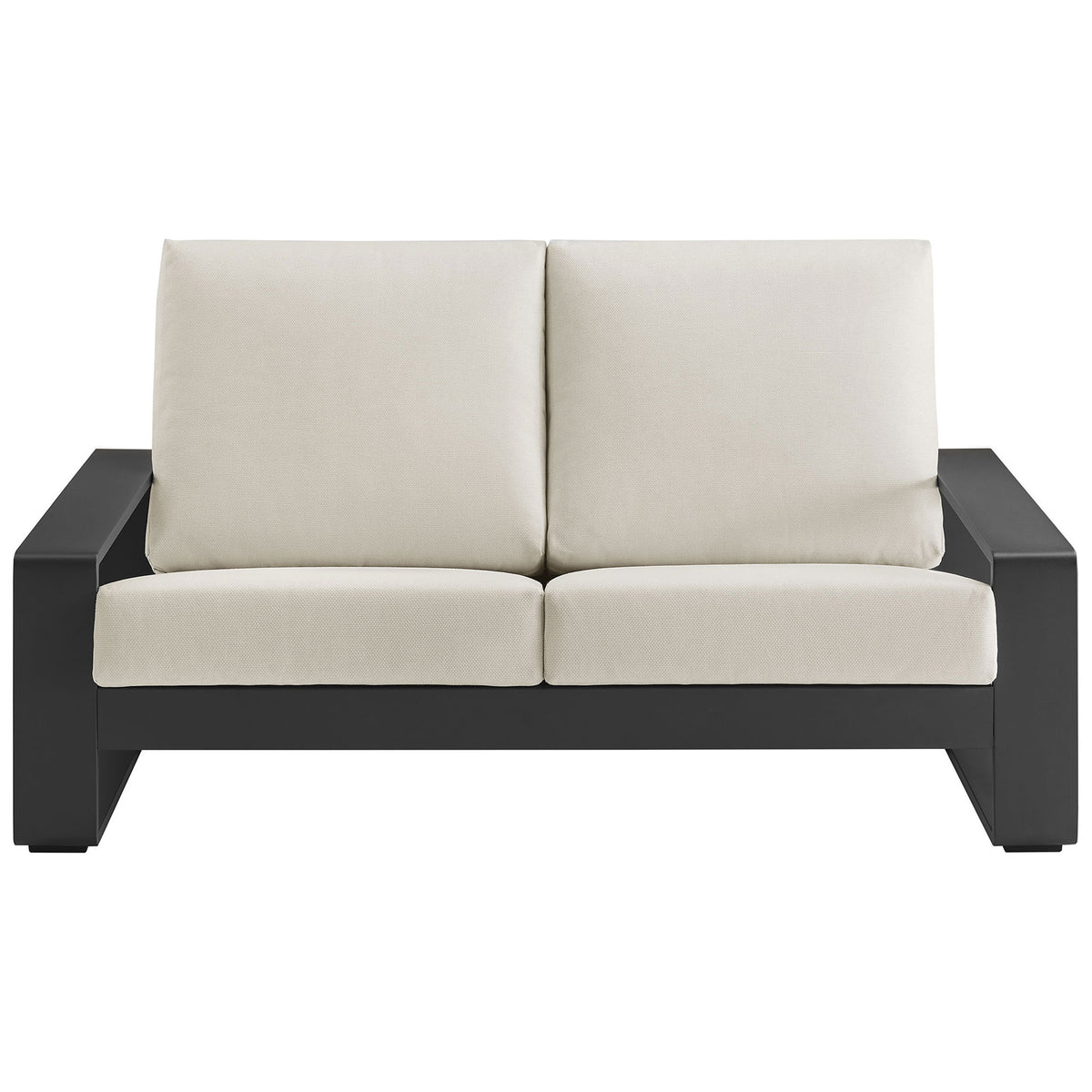 Cream cushions and charcoal aluminum frame create a sleek outdoor loveseat for relaxed lounging || EEI-7301-CRE-GRY || front_studio