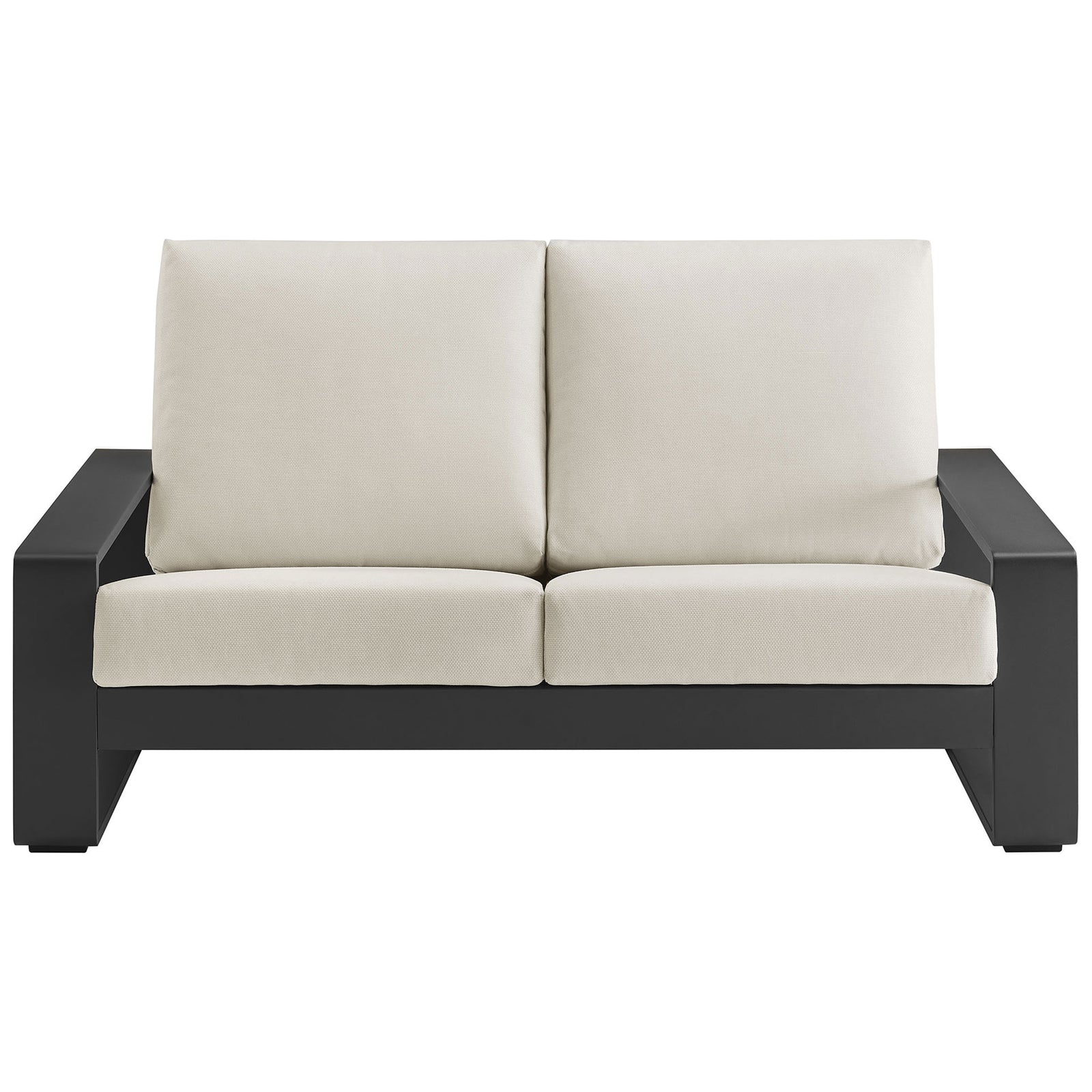 Cream cushions and charcoal aluminum frame create a sleek outdoor loveseat for relaxed lounging || EEI-7301-CRE-GRY || front_studio