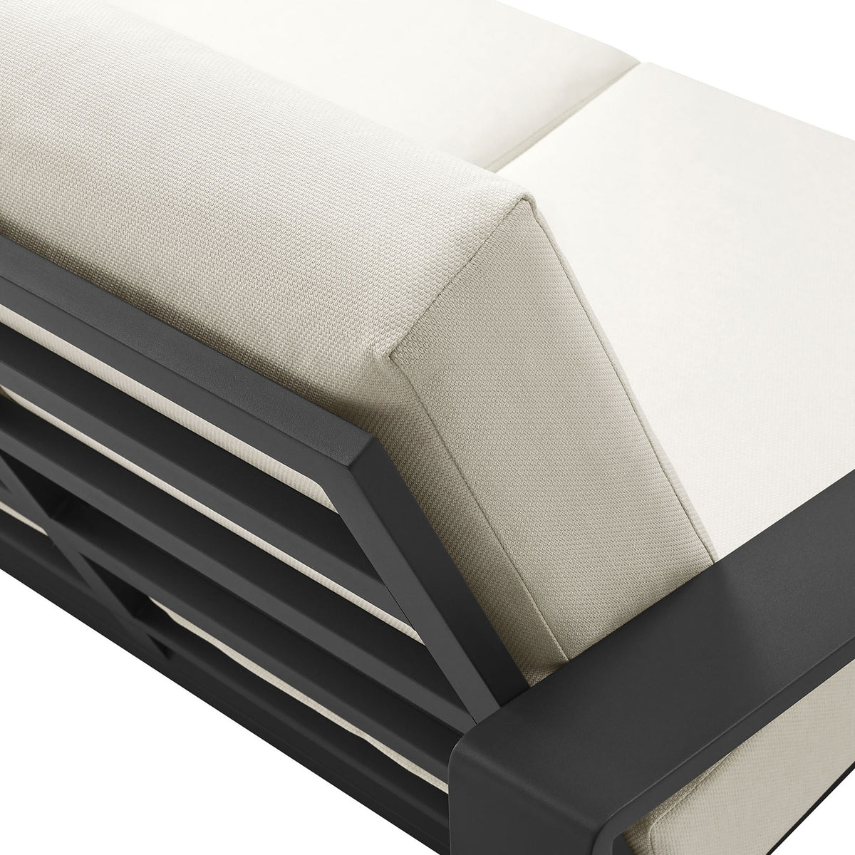 Textured cream upholstery pairs with the powder-coated charcoal frame for a refined outdoor finish || EEI-7301-CRE-GRY || detail_studio