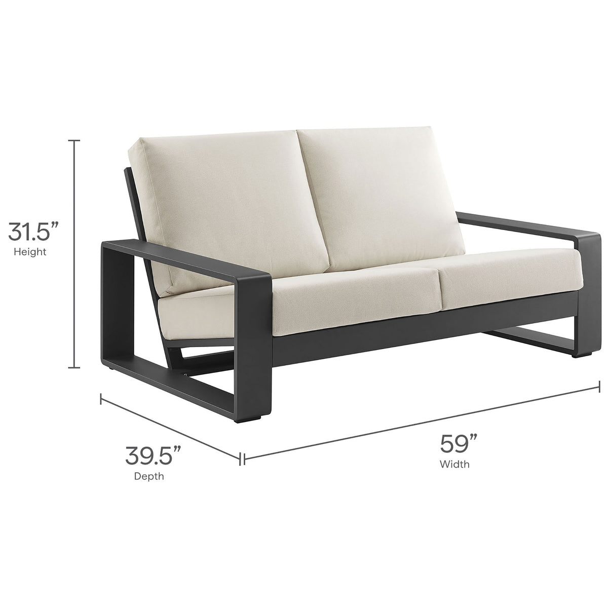 Dimension graphic shows the loveseat's generous width, depth, and height for easy outdoor planning || EEI-7301-CRE-GRY || dimension_studio