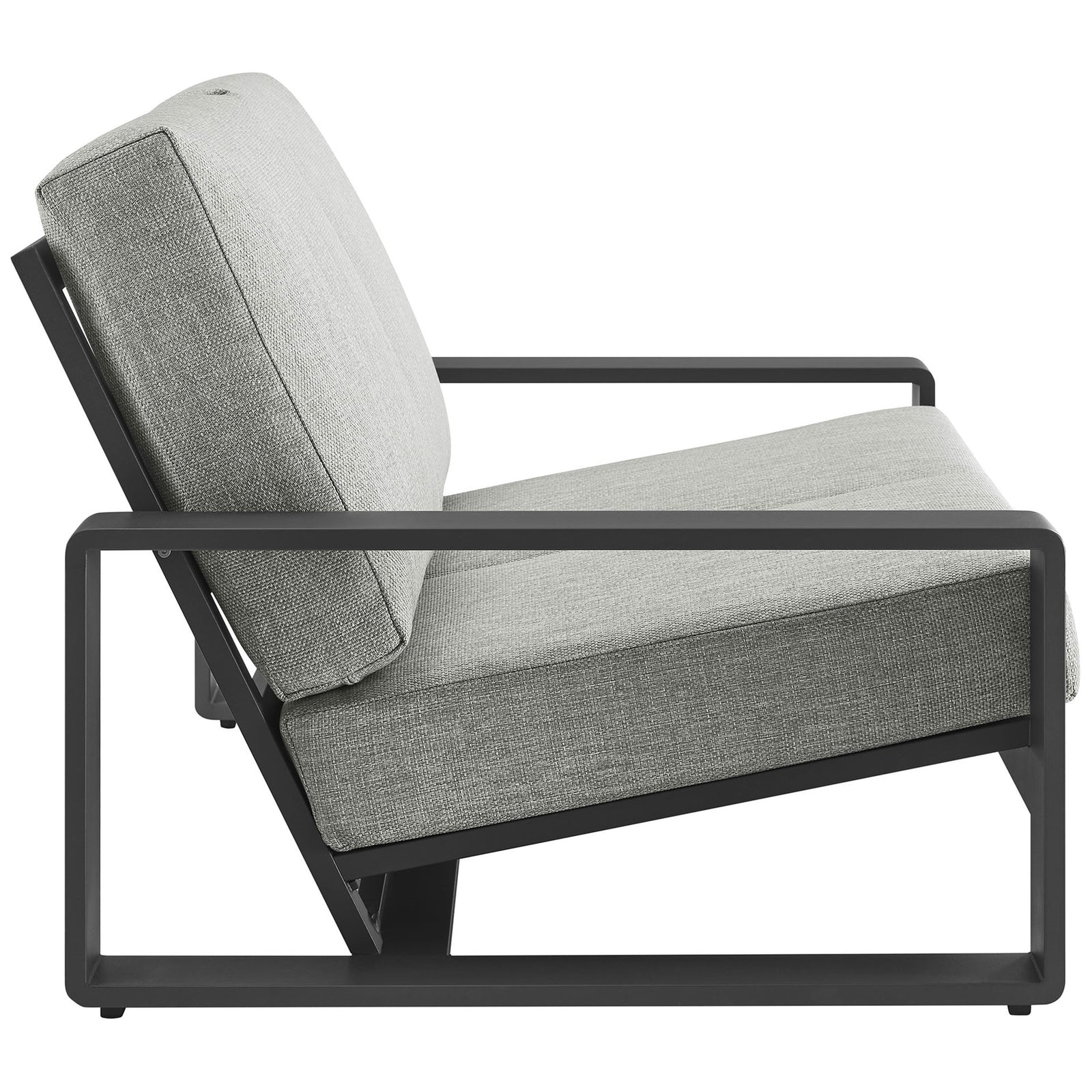 Deep, angled seat and slim open arms emphasize lounge-ready comfort in light gray fabric || EEI-7301-LGR-GRY || side_studio