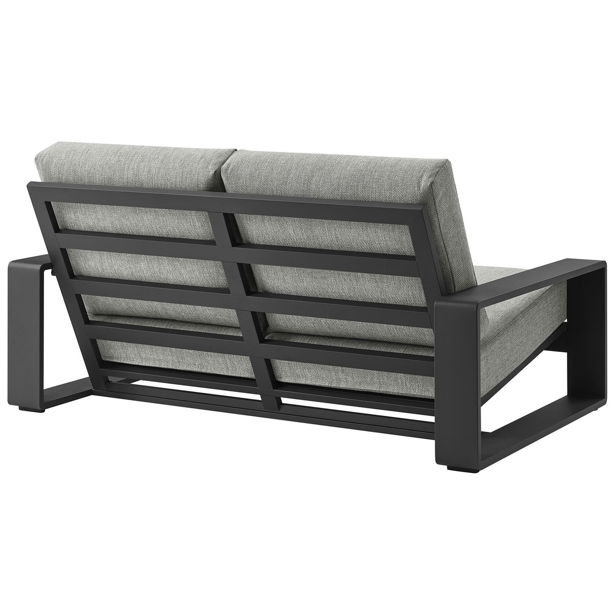 Structured slatted back and wraparound arms frame the light gray cushions with architectural style || EEI-7301-LGR-GRY || back_angle_studio
