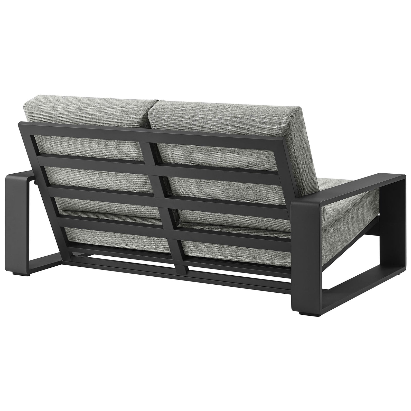 Structured slatted back and wraparound arms frame the light gray cushions with architectural style || EEI-7301-LGR-GRY || back_angle_studio