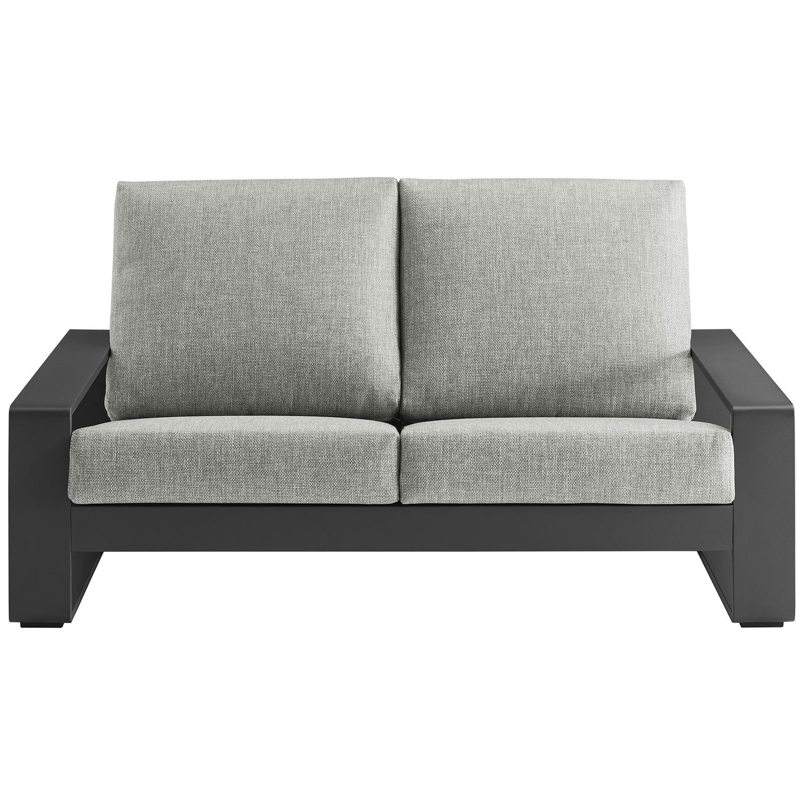 Light gray cushions contrast with the charcoal aluminum frame for a clean, contemporary outdoor loveseat || EEI-7301-LGR-GRY || front_studio