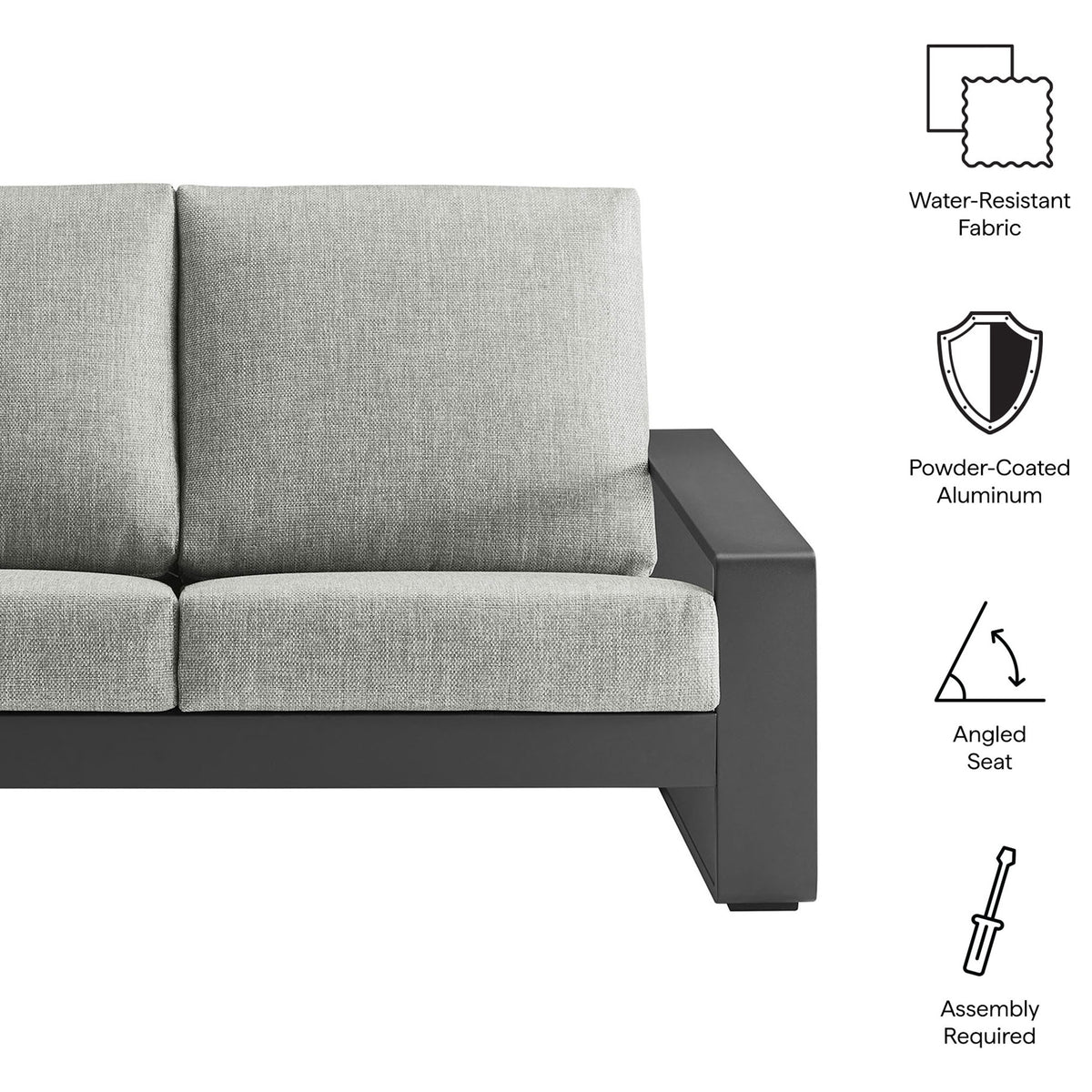 Feature icons call out water-resistant fabric, powder-coated aluminum, and angled seat construction || EEI-7301-LGR-GRY || callout_studio