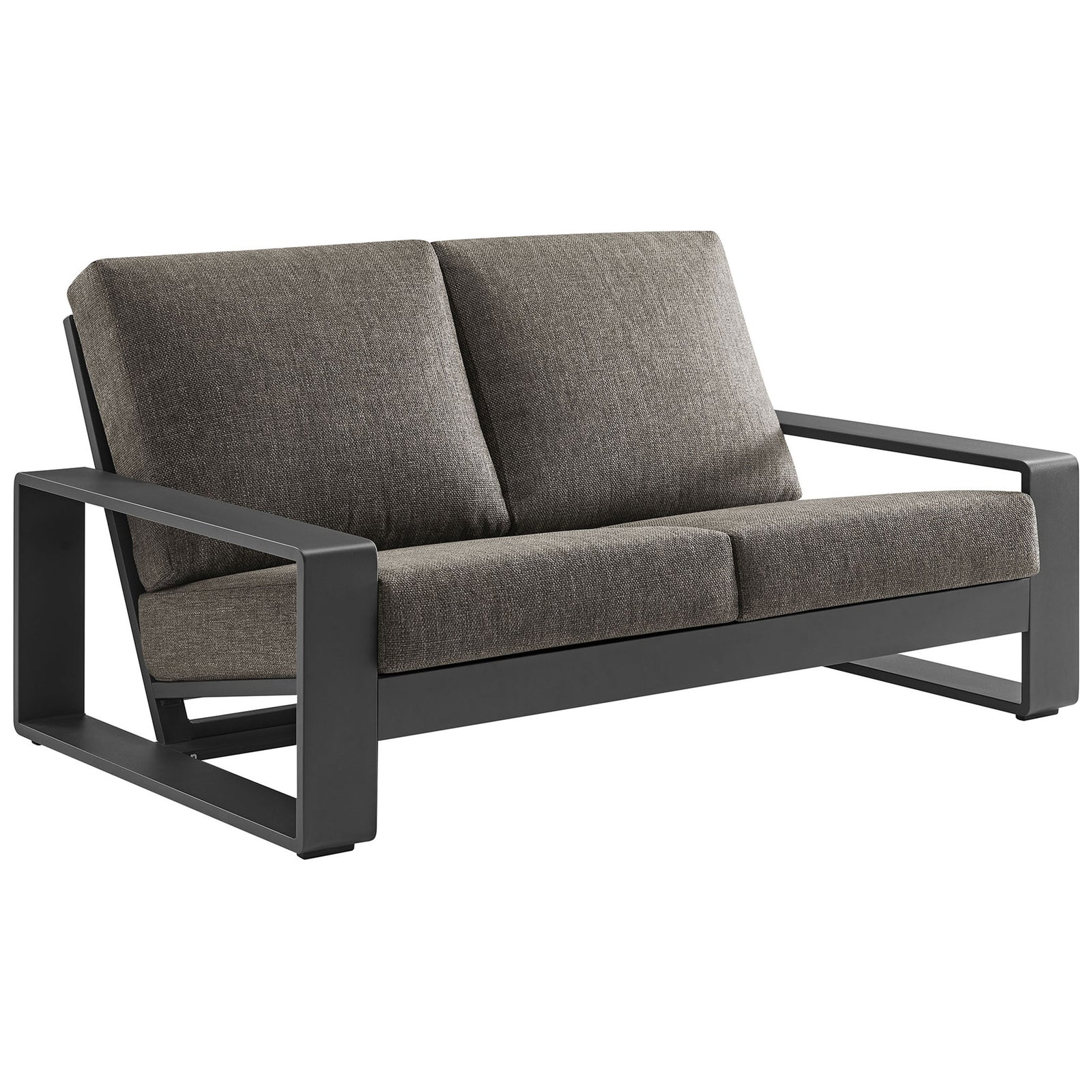 Contemporary outdoor loveseat with smoke gray upholstery and streamlined charcoal frame || EEI-7301-SMO-GRY || front_angle_studio