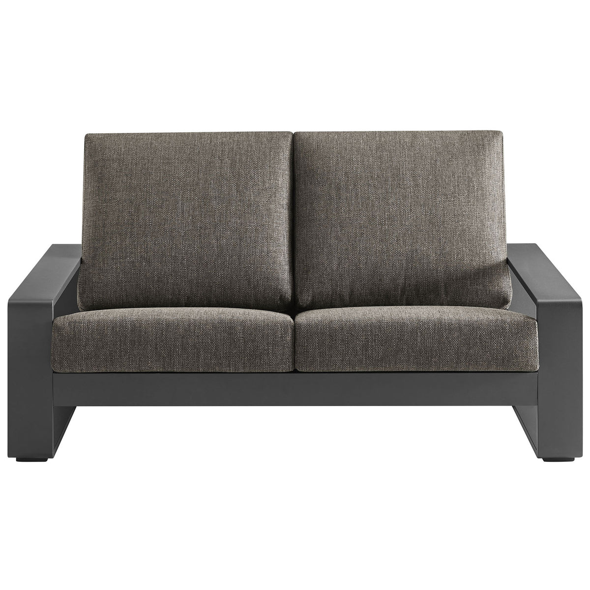 Smoke gray cushions and charcoal aluminum frame form a bold, modern outdoor loveseat silhouette || EEI-7301-SMO-GRY || front_studio