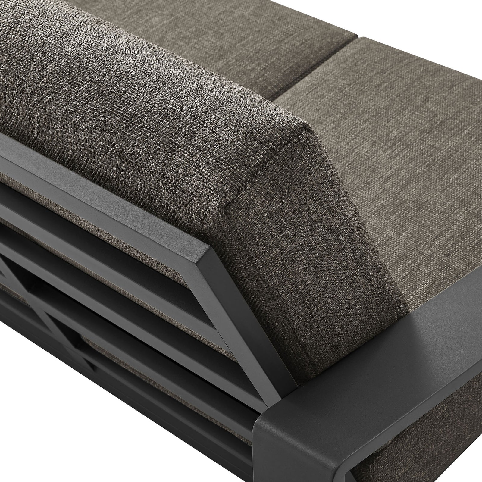 Smoke gray woven texture and crisp edges highlight the quality of the seat and back cushions || EEI-7301-SMO-GRY || detail_studio