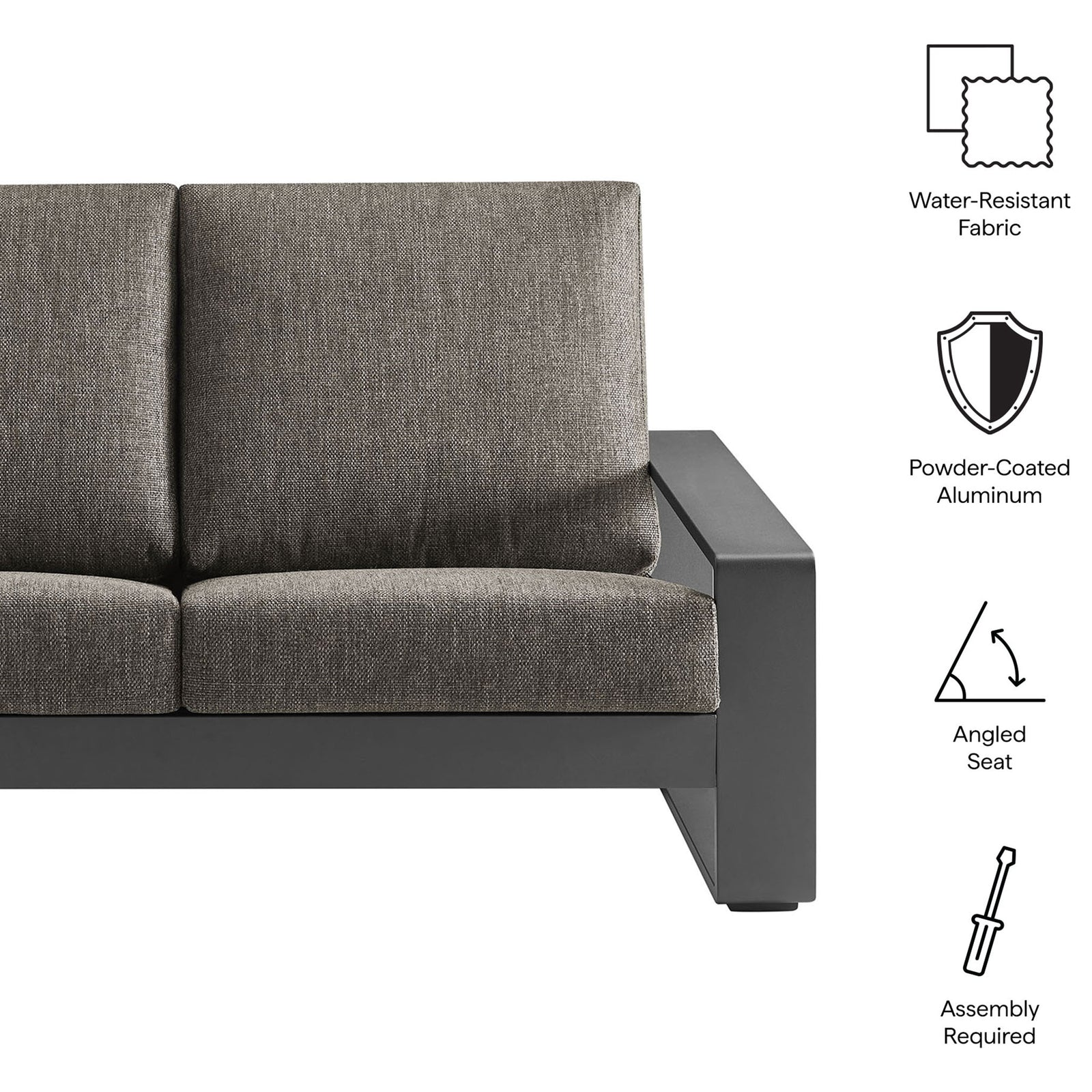 Feature icons spotlight water-resistant fabric, powder-coated aluminum, and supportive angled seat || EEI-7301-SMO-GRY || callout_studio