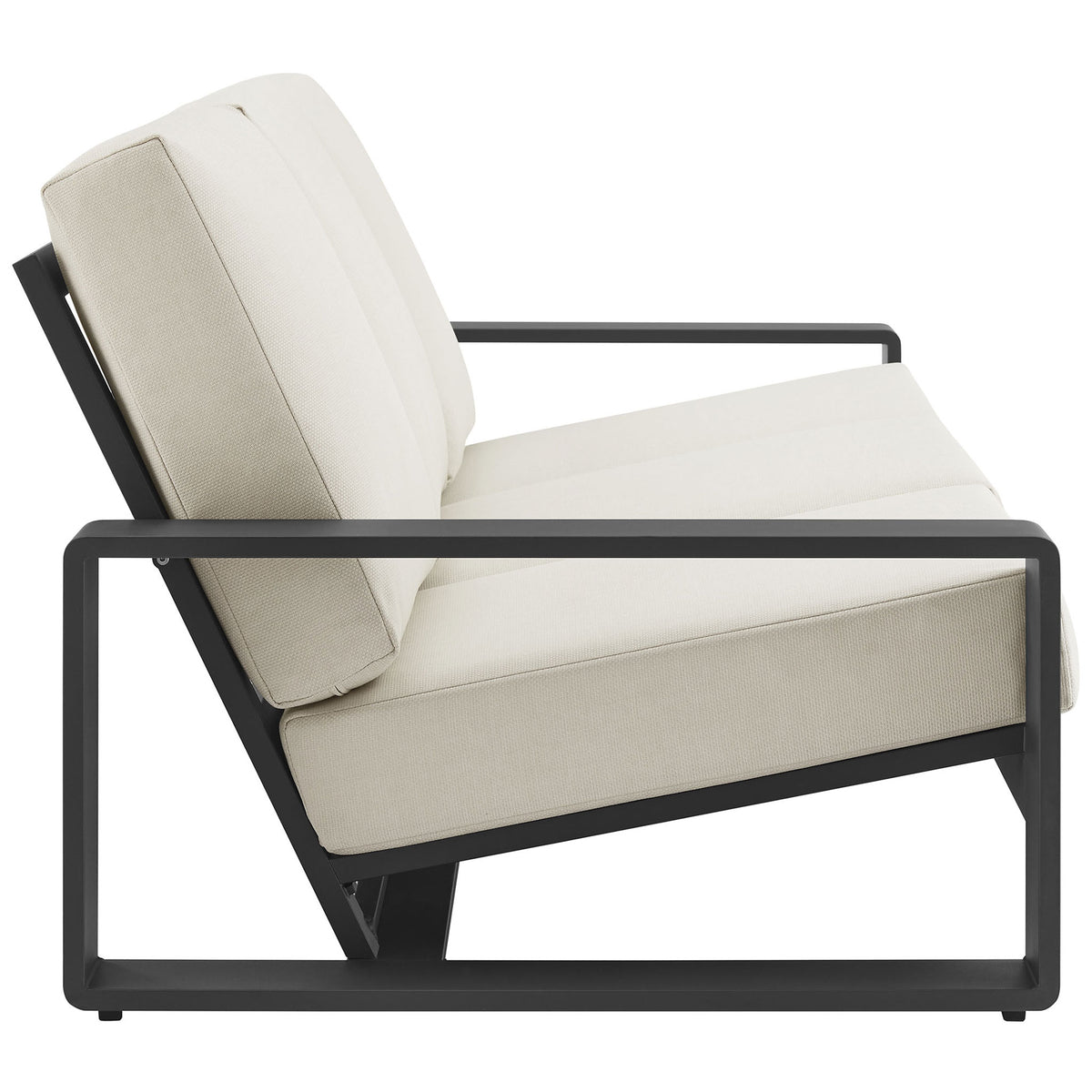 Low-profile outdoor sofa with cream cushions and sculptural angular frame that encourages laid-back seating || EEI-7302-CRE-GRY || side_studio