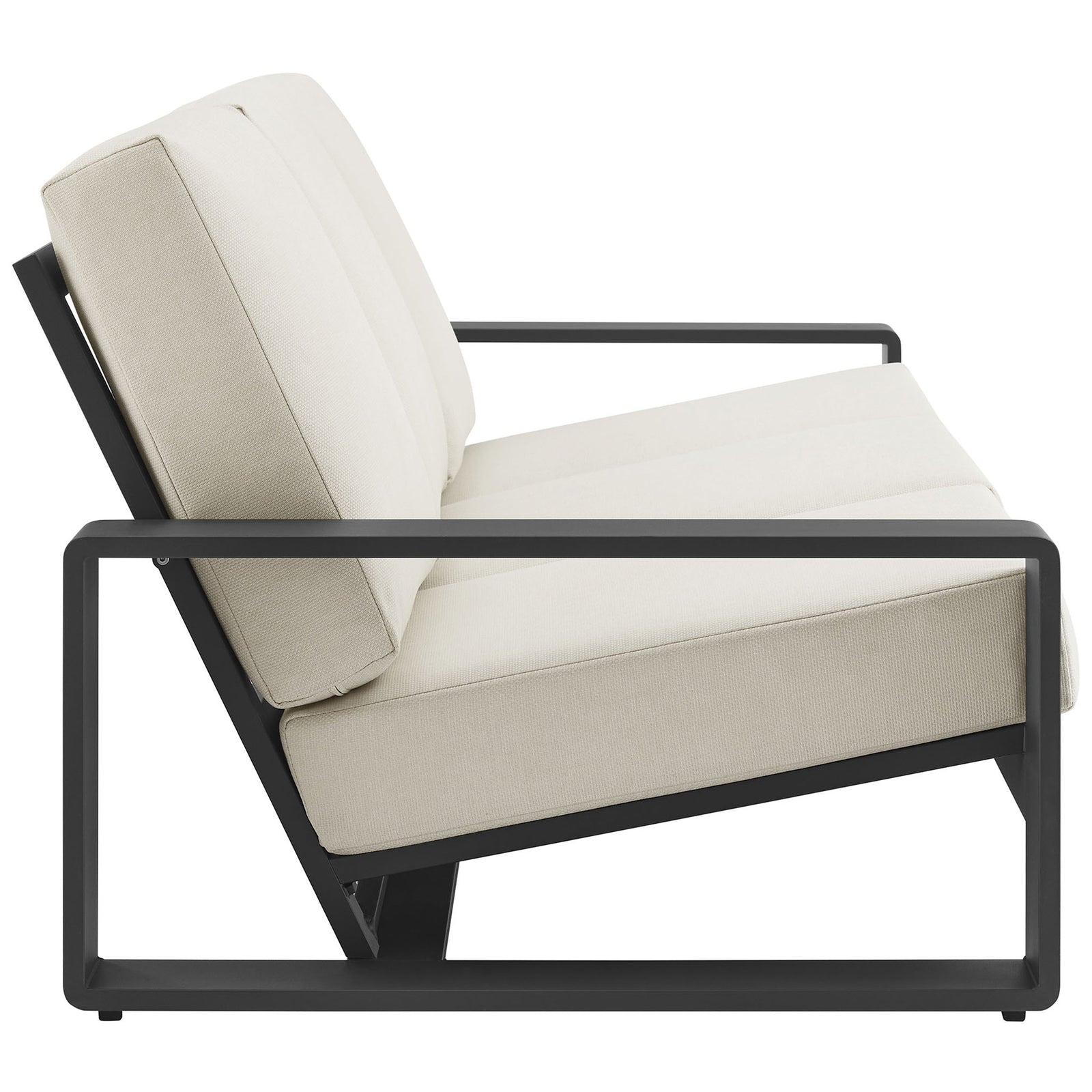 Low-profile outdoor sofa with cream cushions and sculptural angular frame that encourages laid-back seating || EEI-7302-CRE-GRY || side_studio