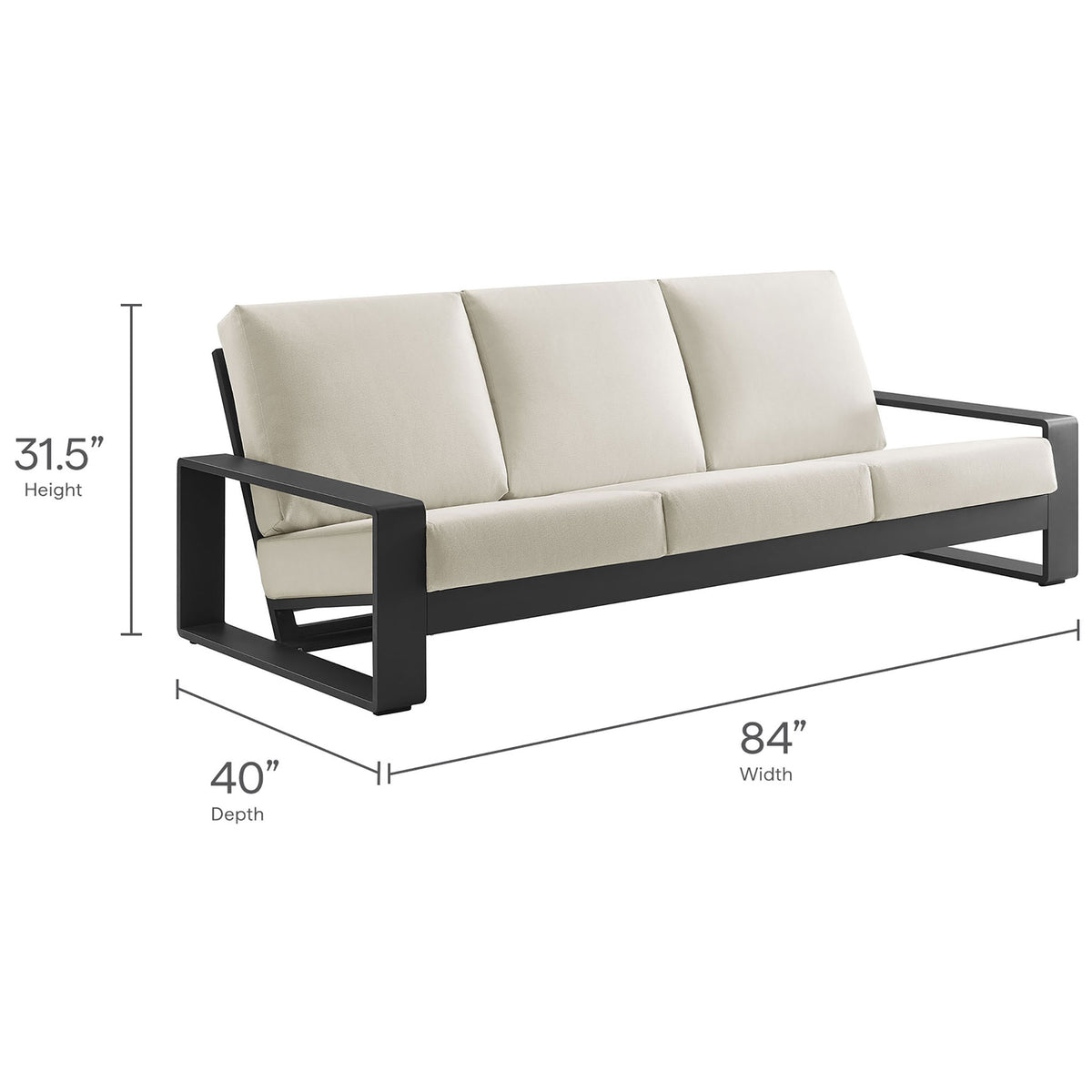Dimensional diagram of cream outdoor sofa showing overall height, depth, and generous 84 inch width || EEI-7302-CRE-GRY || dimension_studio
