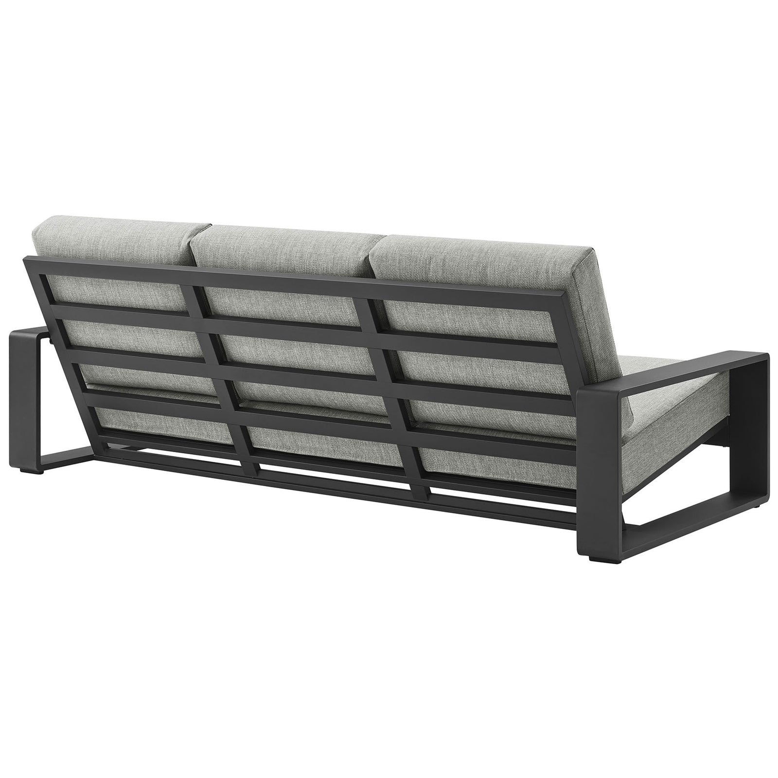 Light gray outdoor sofa featuring open slatted charcoal back and stable base for breezy, modern appeal || EEI-7302-LGR-GRY || back_angle_studio