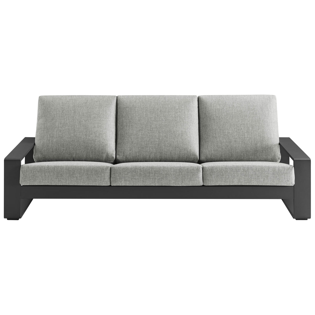 Light gray outdoor sofa with tailored three-seat cushions and charcoal aluminum frame for polished modern style || EEI-7302-LGR-GRY || front_studio