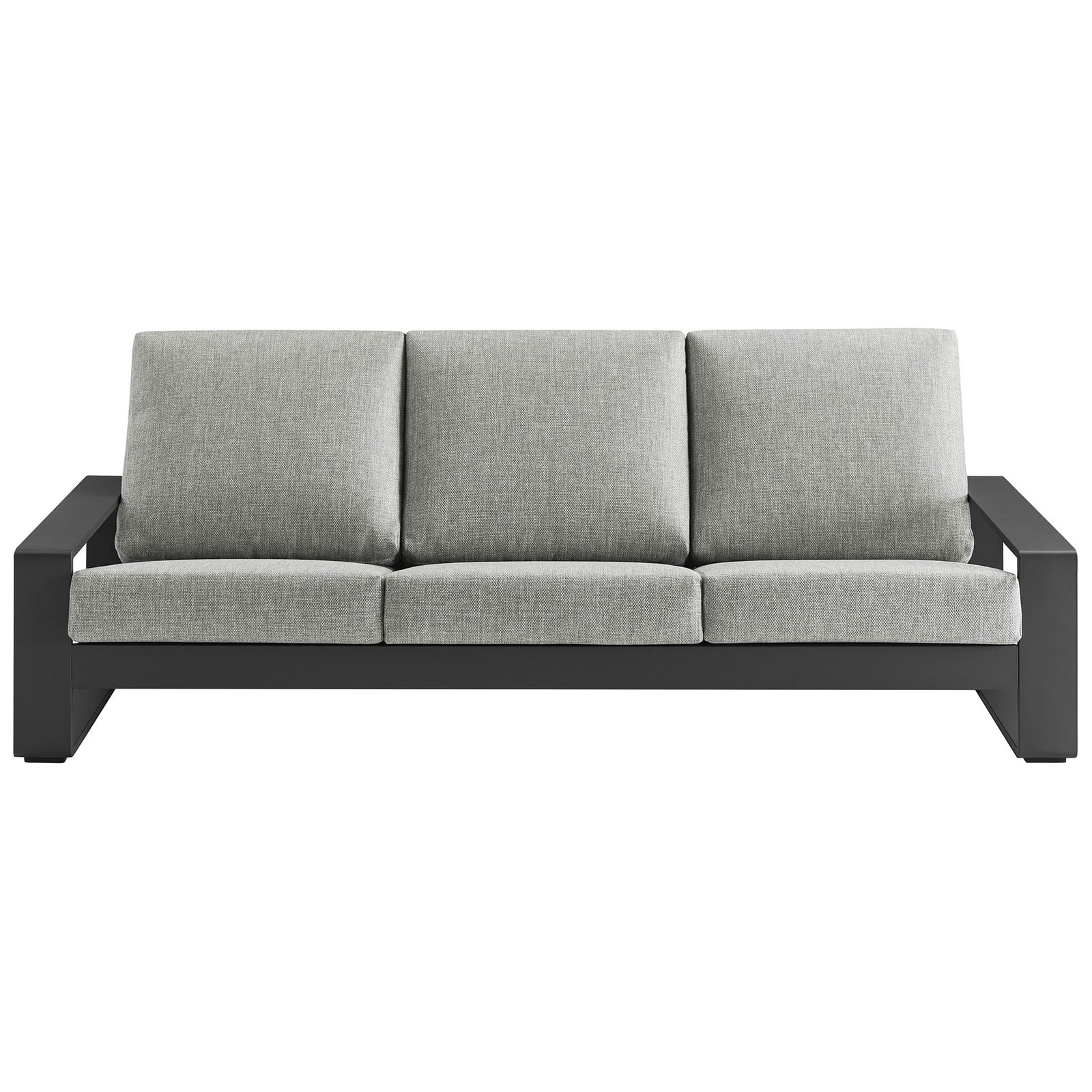Light gray outdoor sofa with tailored three-seat cushions and charcoal aluminum frame for polished modern style || EEI-7302-LGR-GRY || front_studio