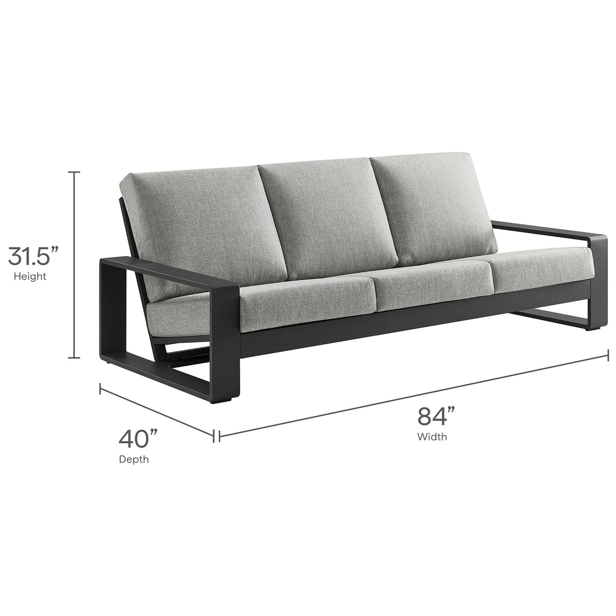 Dimension graphic of light gray outdoor sofa with overall 31.5 x 40 x 84 inch measurements || EEI-7302-LGR-GRY || dimension_studio