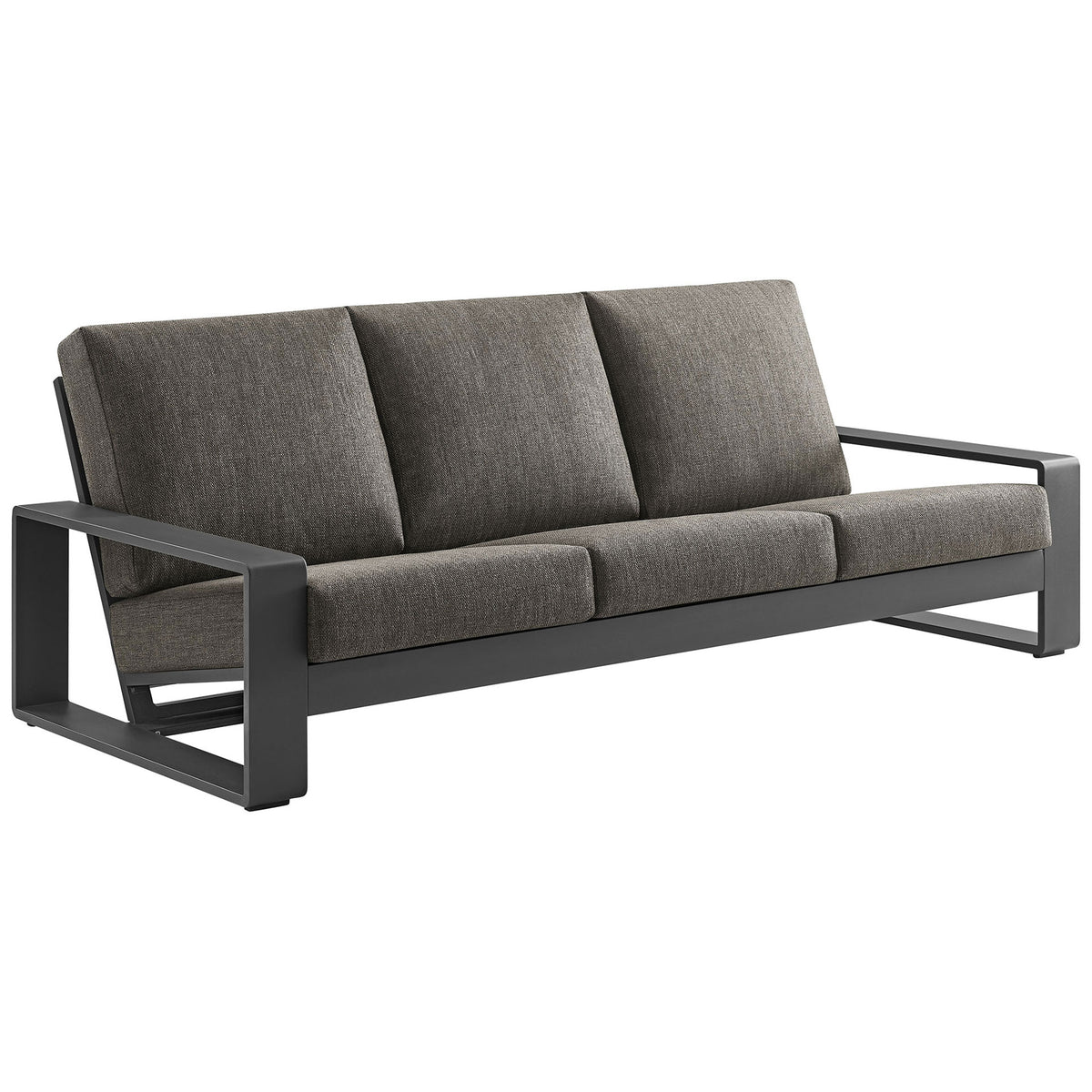 Smoke gray cushioned outdoor sofa with deep low seating and bold geometric arms for relaxed entertaining || EEI-7302-SMO-GRY || front_angle_studio