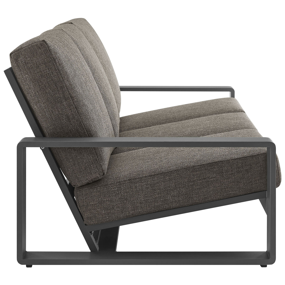 Modern outdoor sofa with smoke gray cushions and sharply angled metal frame that supports a laid-back posture || EEI-7302-SMO-GRY || side_studio