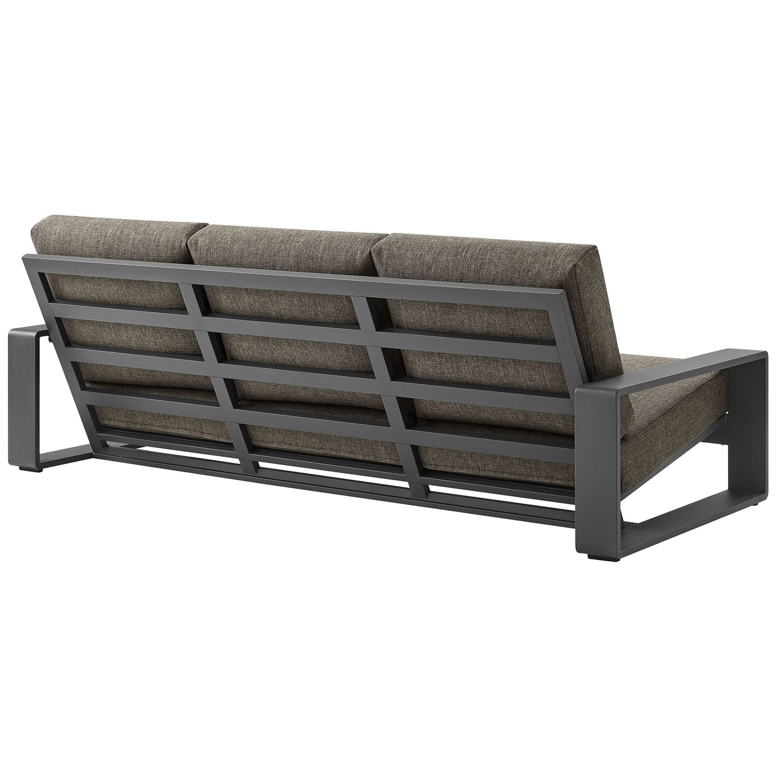Smoke gray outdoor sofa showcasing an open slatted charcoal backrest and broad base for sturdy support || EEI-7302-SMO-GRY || back_angle_studio