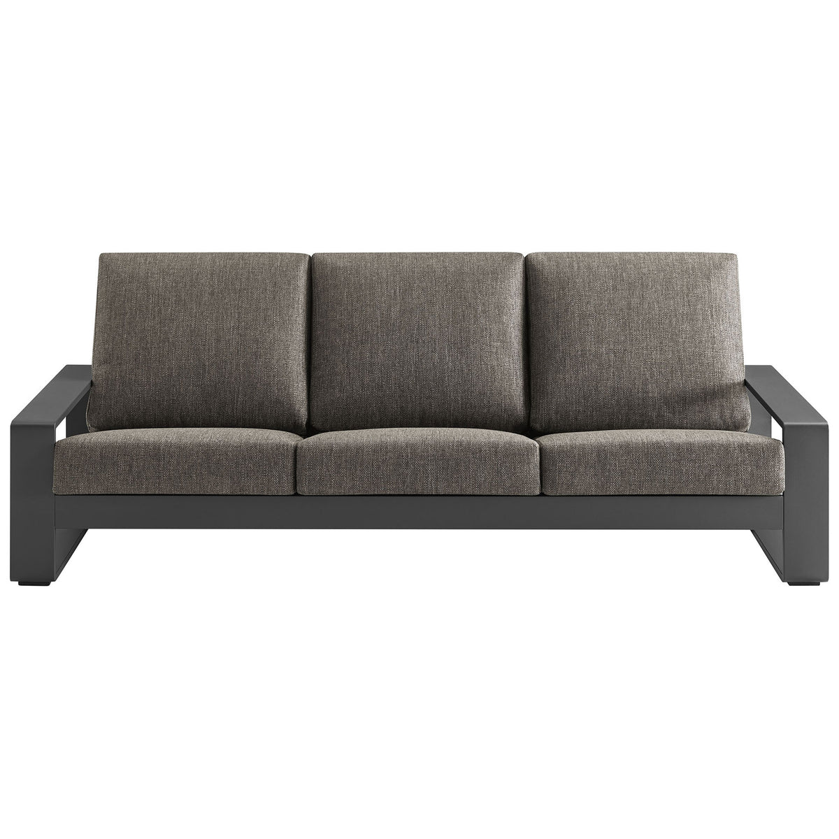 Smoke gray outdoor sofa with plush three-seat cushions and dark charcoal aluminum frame for dramatic modern flair || EEI-7302-SMO-GRY || front_studio